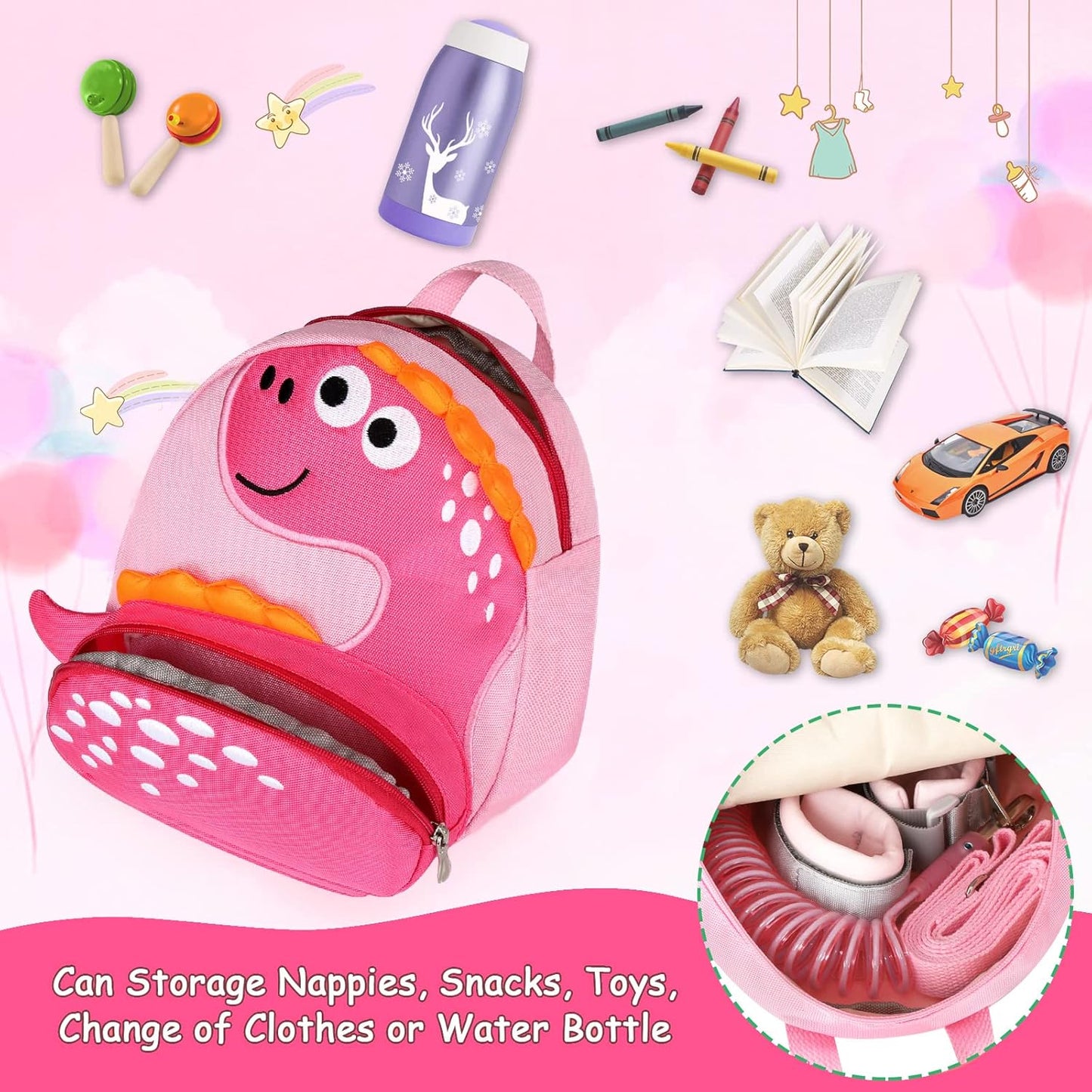 Accmor Toddler Harness Backpack with Leash, Cute Dinosaur Kid Backpacks with Anti Lost Wrist Link, Mini Child Harness Leash Walking Wristband Baby Protection Belt for Girls Aged 1-3 Years