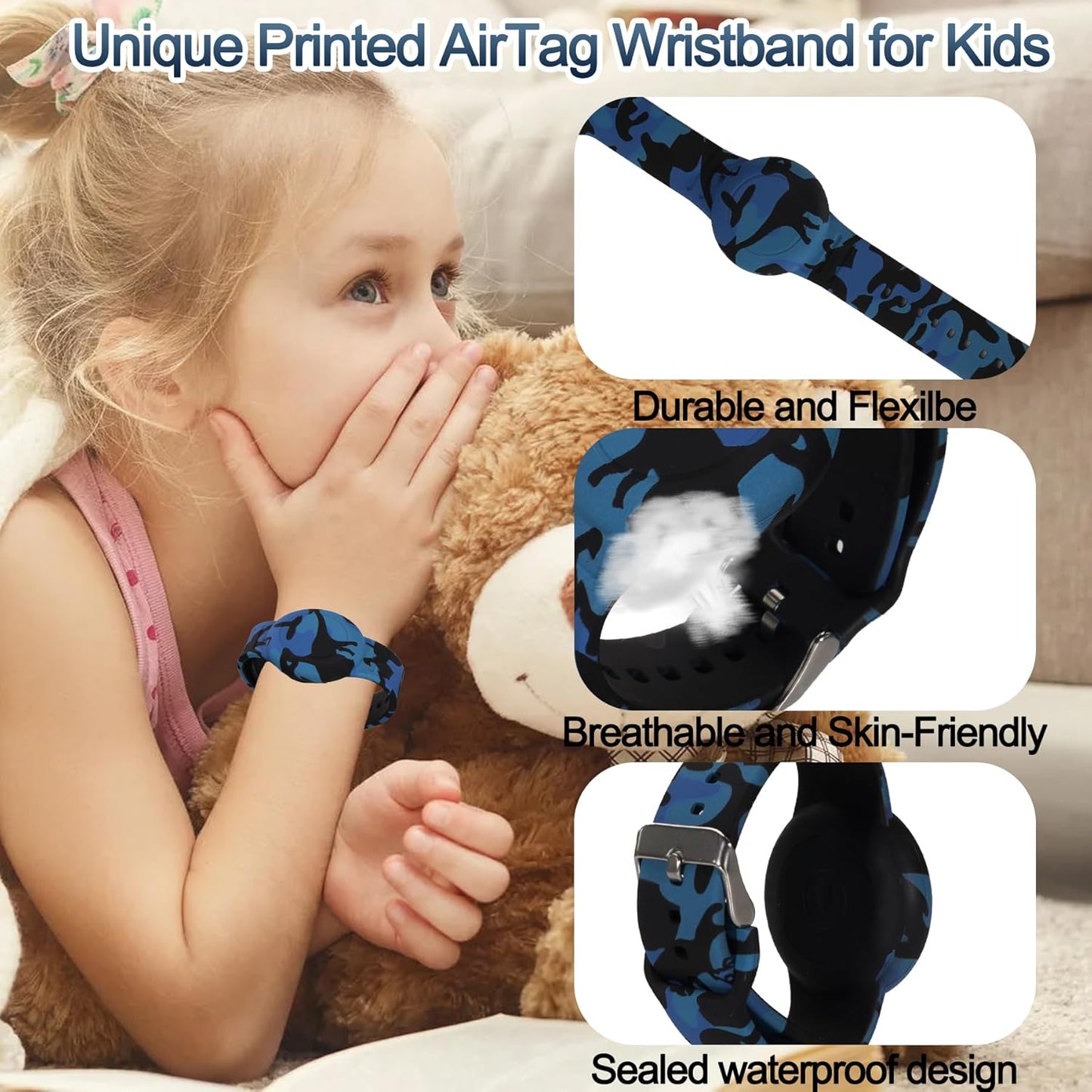 2 Pack Waterproof Bracelet for AirTag Kids, Hidden Printed Wristband for Apple Air Tag, Silicone Holder for AirTag GPS Tracker Case for Band for Child Toddler, Secure Anti-Lost Protection(Camouflage)