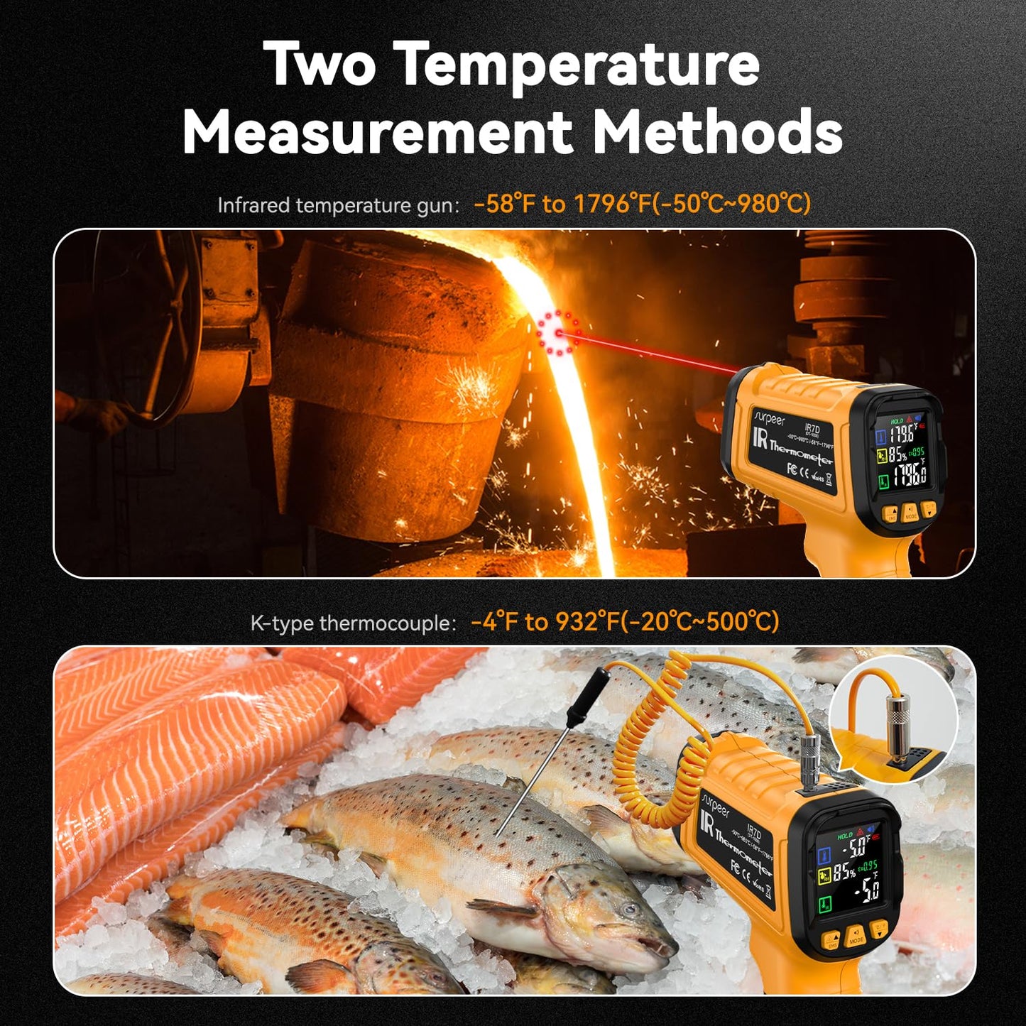 50:1 Infrared Thermometer -58F to 1796F, Laser Temp Gun with Thermocouple Probe for Pizza Oven, HVAC, BBQ, High Temp Gun with Humidity Sensor, Accurate for Home and Industrial Use