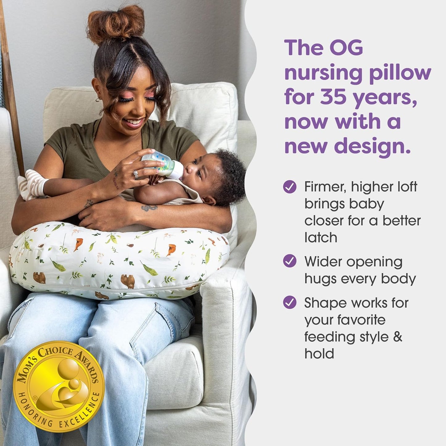 Boppy Nursing Pillow - Ergonomic Bottle & Breastfeeding Pillow with High, Firm, Large Area, Water-Repellent Cushion with Washable Cover; Baby Safety Alliance Verified - Neutral Plants and Animals