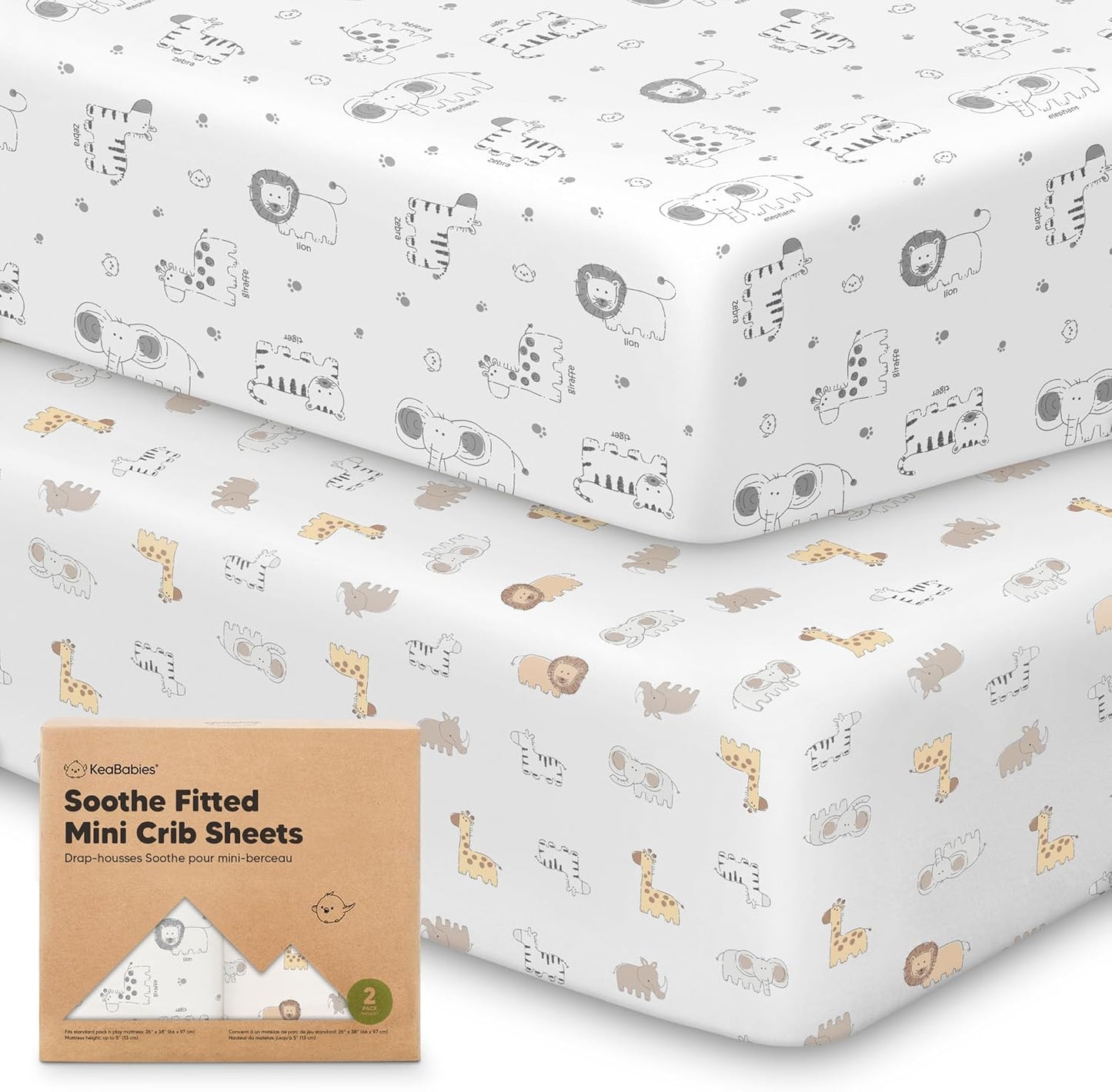 2-Pack Mini Crib Sheets Fitted - 38x26 Pack N Play Sheets for Pack and Play Mattress, Organic Cotton, Soft & Breathable Playard Bedding, Neutral Mini Toddler Bed Cover for Boys, Girls (KeaSafari)