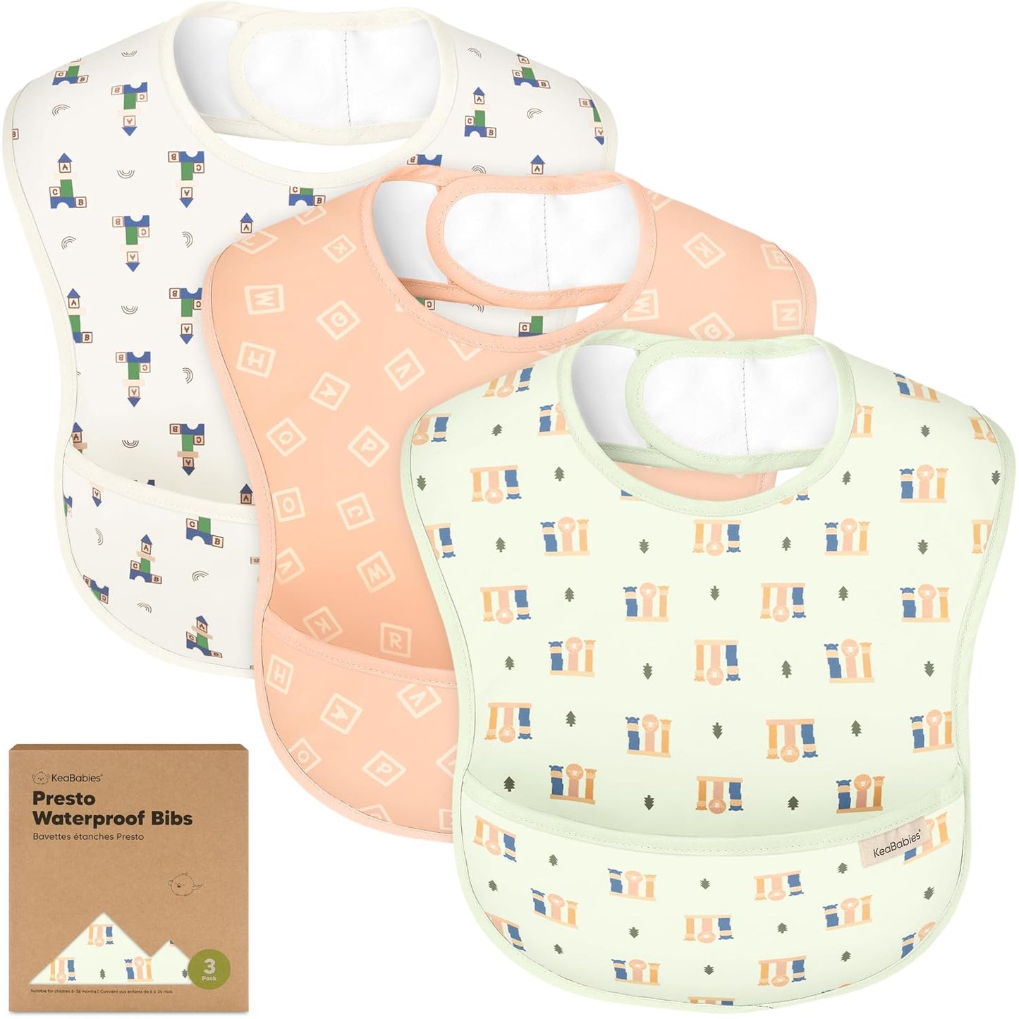 3-Pack Waterproof Baby Bibs for Eating - Lightweight Toddler Feeding Bibs with Large Food Catcher, Mess Proof, Food-Grade Baby Eating Essentials, Easy to Put On & Clean (Toy Land)