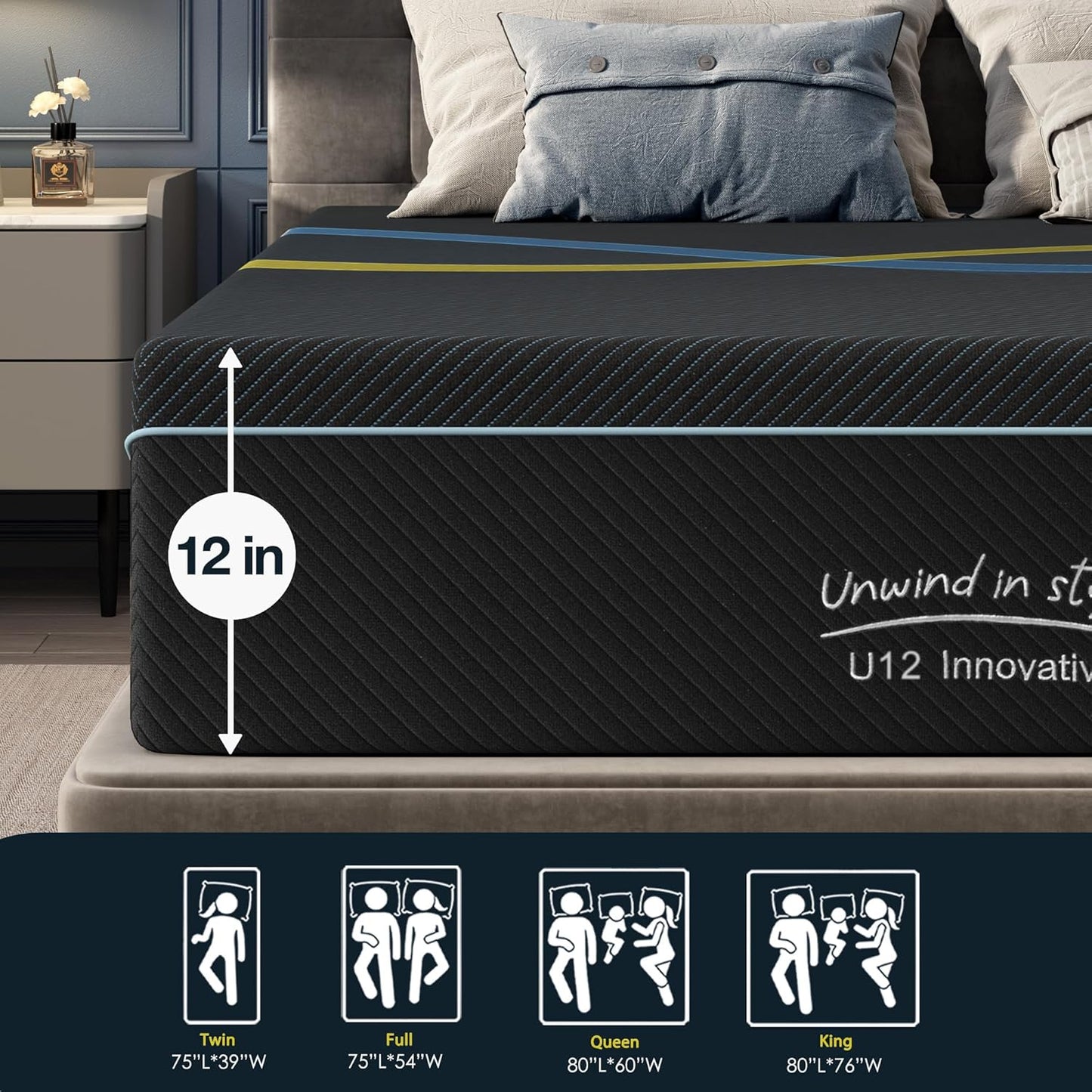 12 inch King Mattress Multi-Layer Memory Foam Mattress - Medium Firmness with Bamboo Charcoal & Green Tea Infusion