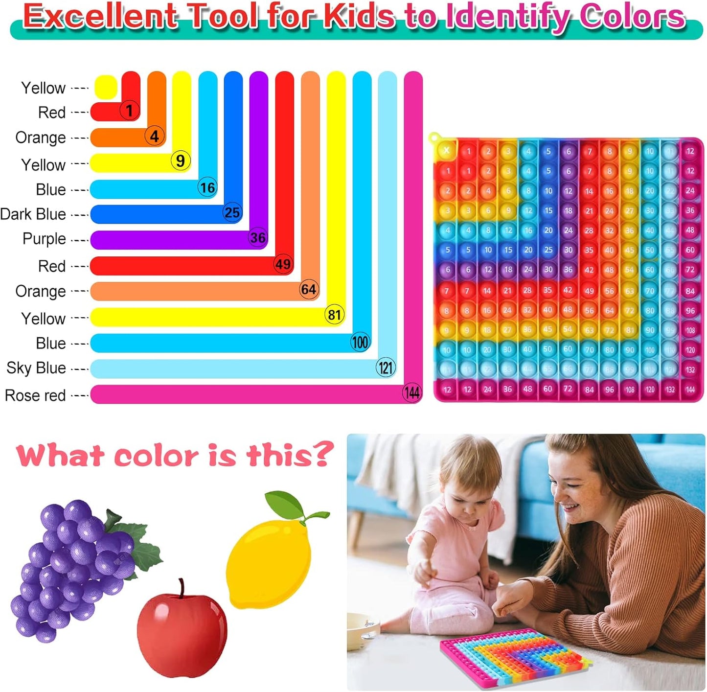 12 x 24 Max. Double Sided Multipication Games, Rainbow Square Math Toys 169bubbles Multiplication Pop for Teachers to Create Various Multiplication Formulas