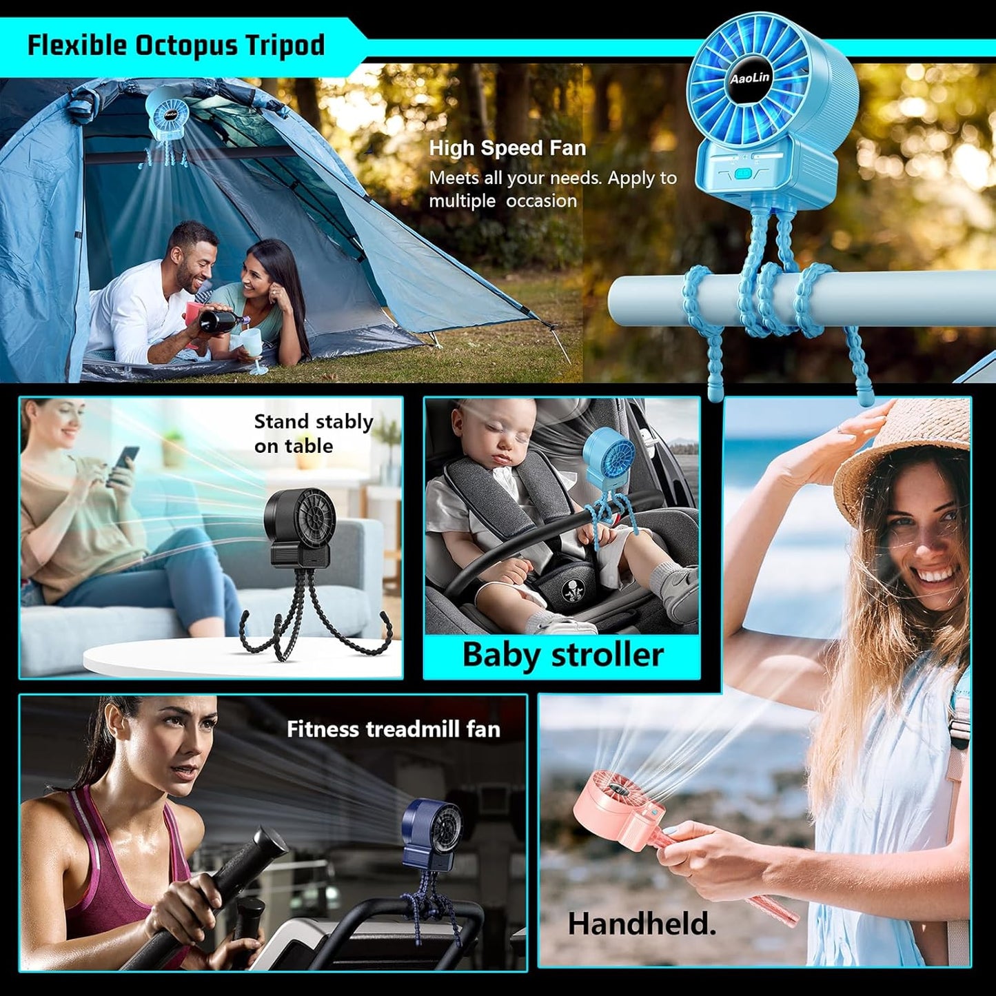2 Pack Multifunctional Portable Stroller Fan 4 Speed 6600rpm High Speed Usb Rechargeable Personal Mini Handheld Fan Extended Tripod for Desktop Winding Kids Bed Treadmill Bike Golf Cart Outdoor Travel