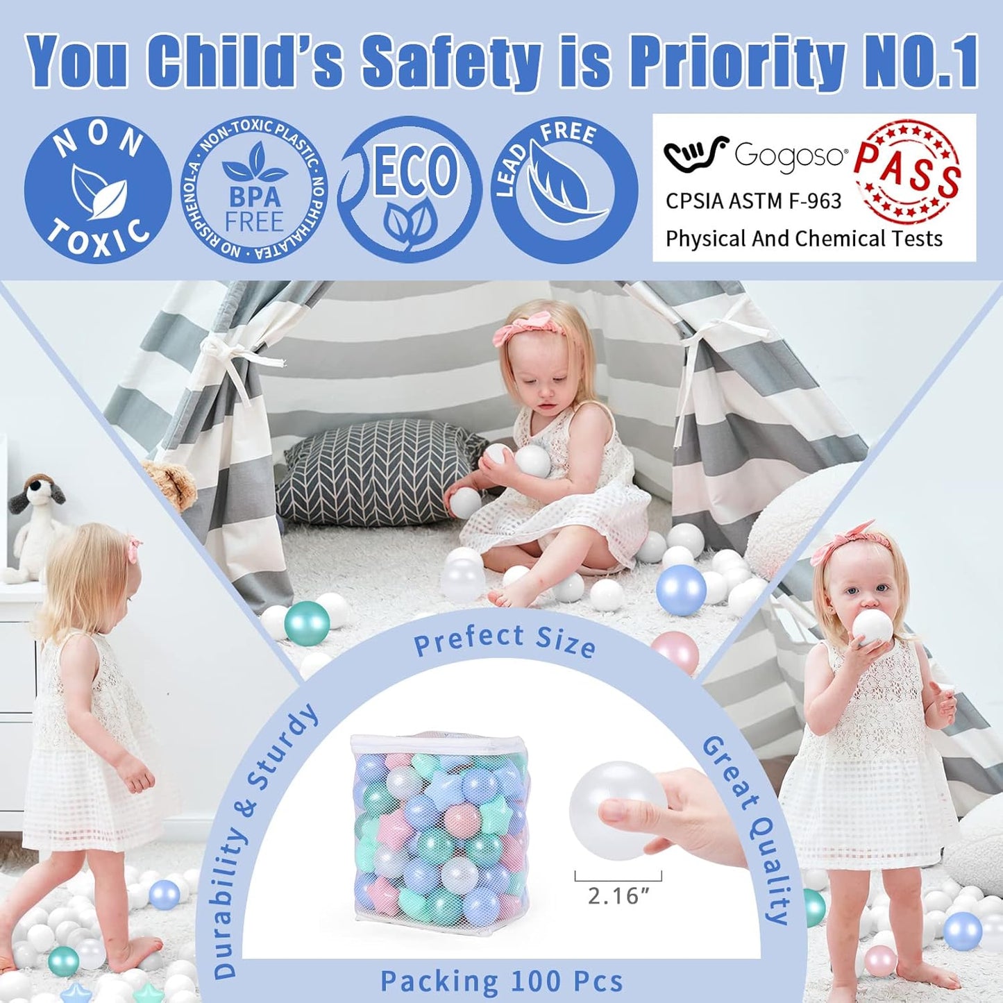 GOGOSO 100 Non-Toxic Play Balls for Kids - Soft, Crush-Proof, and BPA-Free Pit Balls in Fun Colors for Indoor/Outdoor Playtime