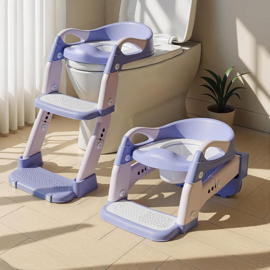 3-in-1 Potty Training Seat & Training Toilet & Potty Chair, Height Adjustable Toddler Toilet Seat for Kids Boys Girls, Foldable Potty Training Toilet with Splash Guard and Anti-Slip Steps