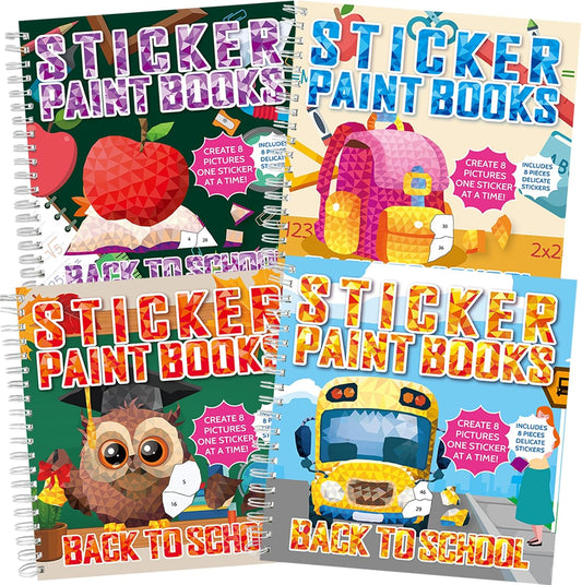 4Pcs Back to School Paint by Sticker Books Sticker by Number Books Activity Book Puzzle Book Craft Art Gift School Bus Apple Owl Alarm 32 Pictures
