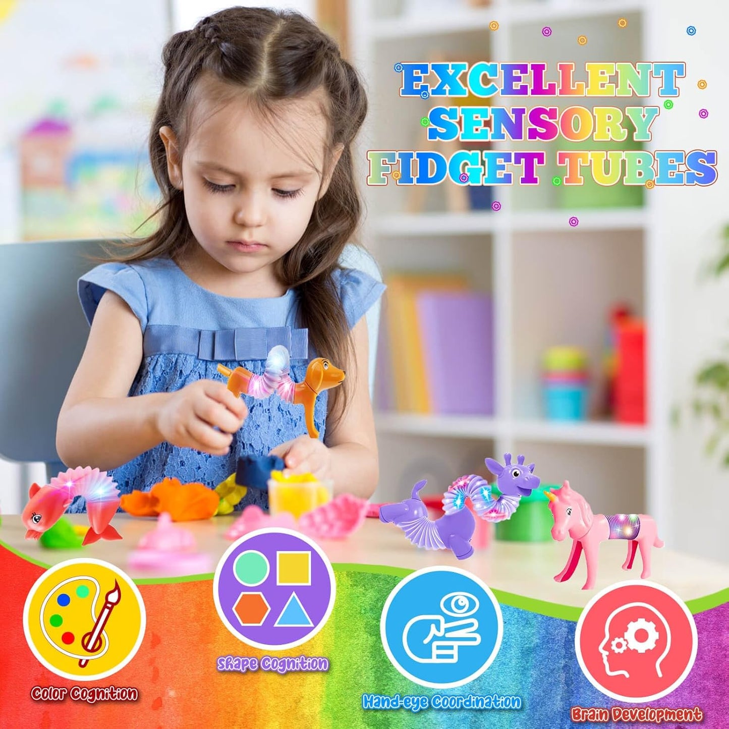 6 Pack LED Light Up Pop Tubes,Dog pop Tubes, Animal pop Tubes Fidget Toys,Sensory Tubes Fidget Toys for Kids,Toddler Sensory Toys,Fidget Tubes Party Favors,School Reward,Gift for Kids