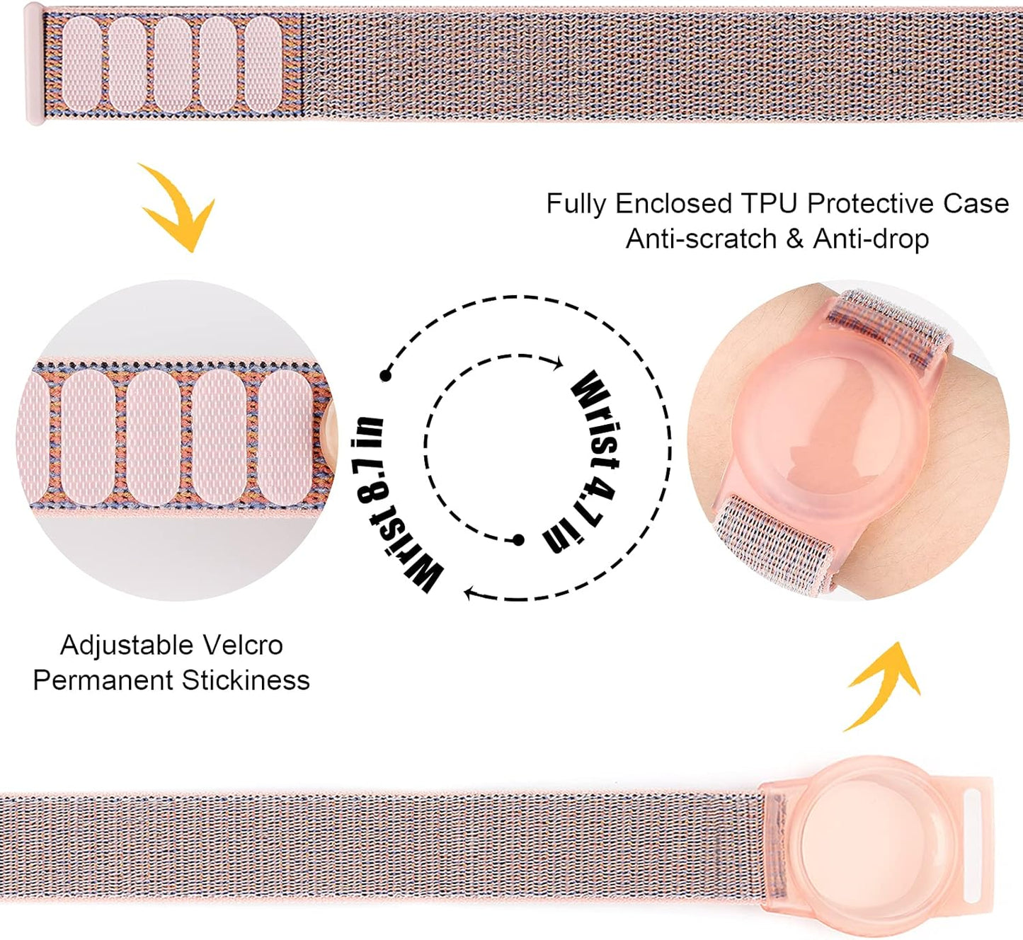 AirTag Bracelet for Kids, Apple Air Tag Protective Cover with Nylon Wristband, Anti Lost GPS Trackers Case Cover Elastic Watch Band for Toddlers Girls Boys Elders (Pink)