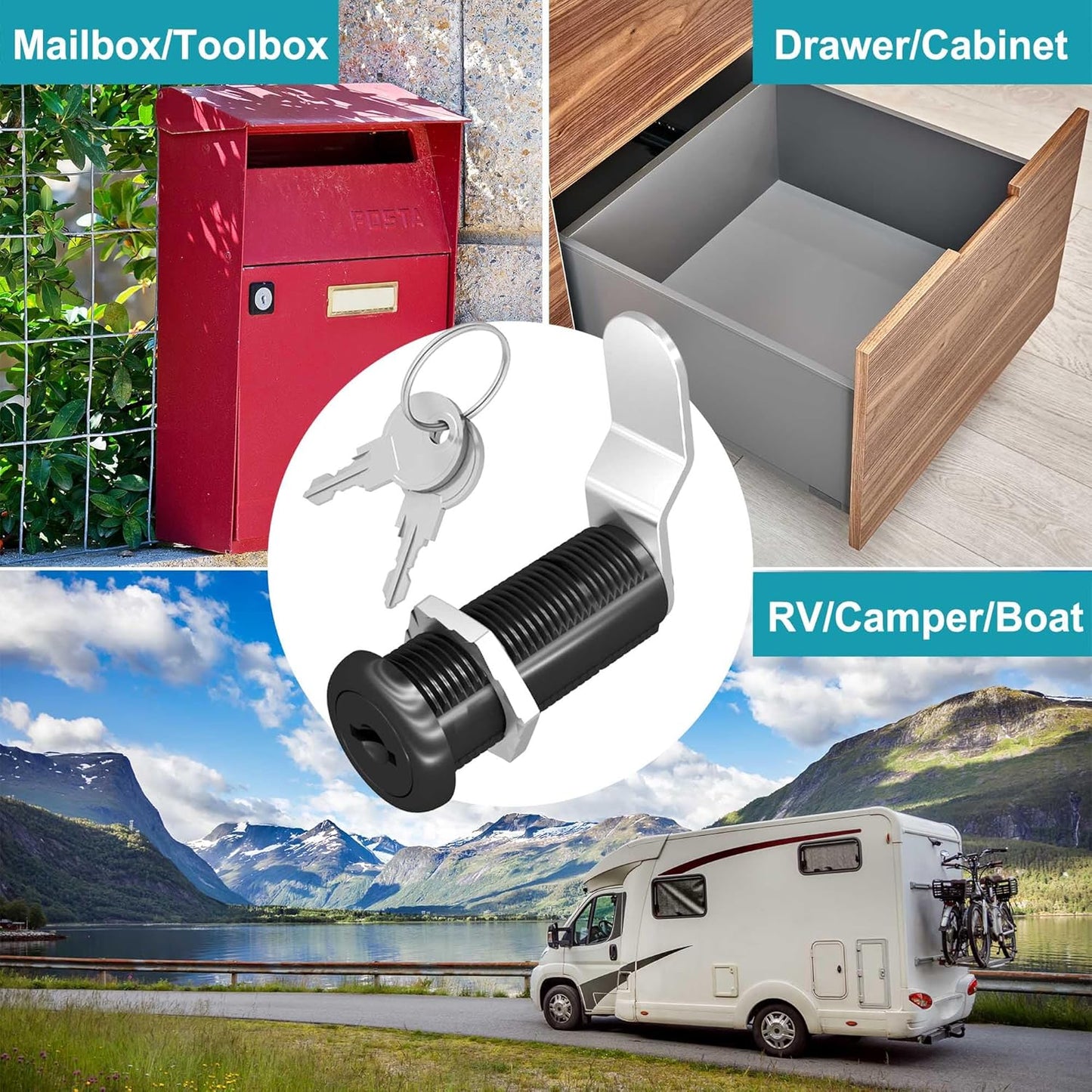 3 Pcs Black Cabinet Locks with Keys, 1-1/2" Cam Lock Keyed Alike, RV Cam Locks for Cabinets RV Storage Door, Cabinet and Drawer Lock with Keys, Zinc Alloy