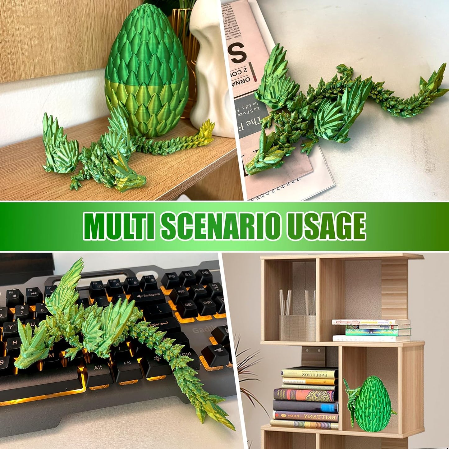 12inch Fly Dragon Egg, Year of The Dragon, 3D Printed Dragon, Executive Desk Toys, Articulated Dragon, Fidget Toys Gifts for Graduates Students Teachers Adults (Yellow&Green)