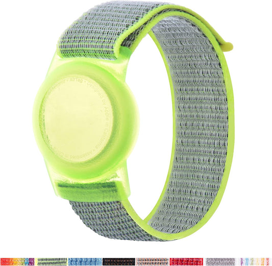 AirTag Bracelet for Kids, Apple Air Tag Protective Cover with Nylon Wristband, Anti Lost GPS Trackers Case Cover Elastic Watch Band for Toddlers Girls Boys Elders (Green)