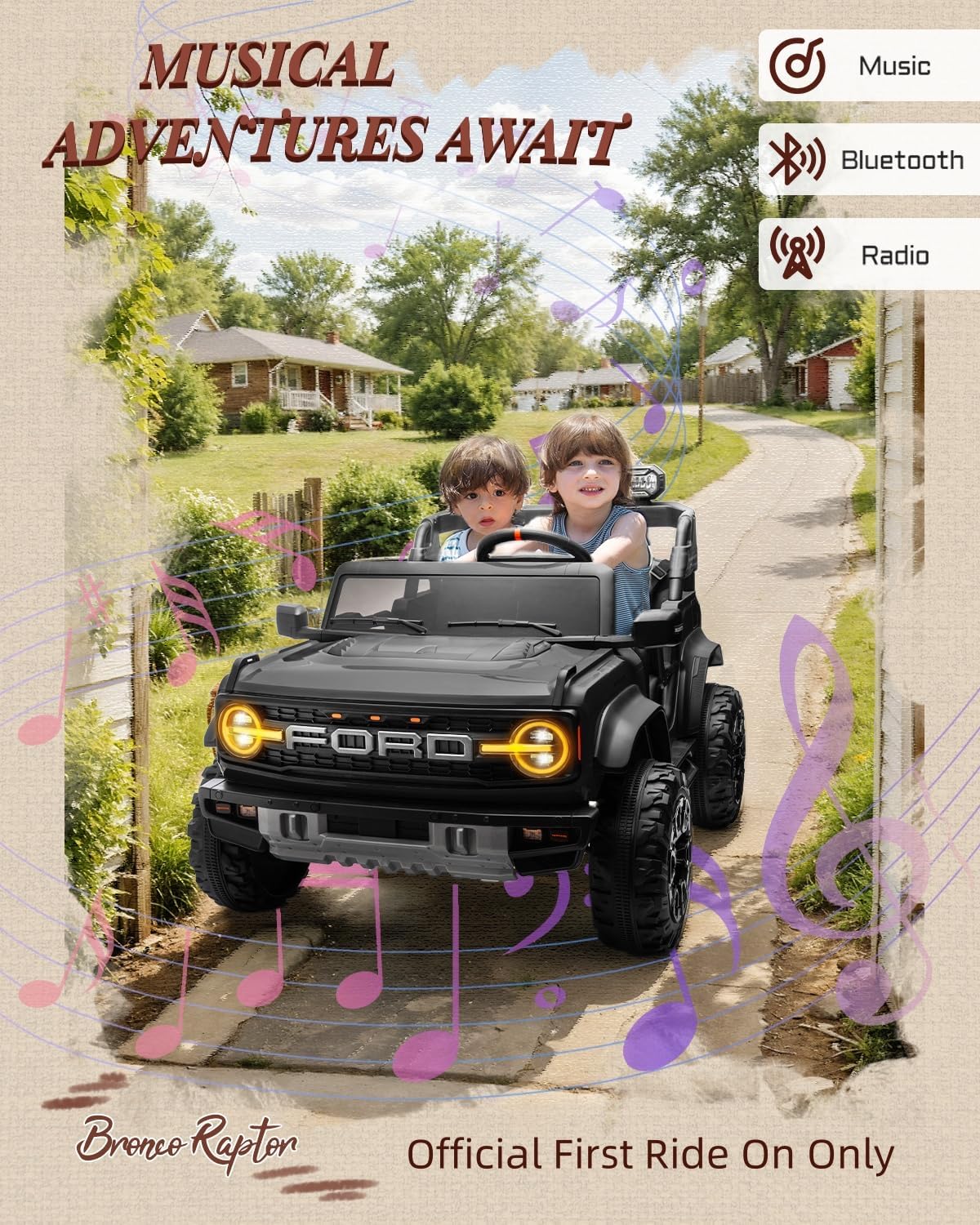 24V Ride on Toys for Big Kids, Licensed Ford Bronco Raptor Electric Car 2 Seater with Remote Control, Kids Ride on Cars w/ 2-Seater, 4.3 Mph Max Speed, Soft Start Function (24V, Black)