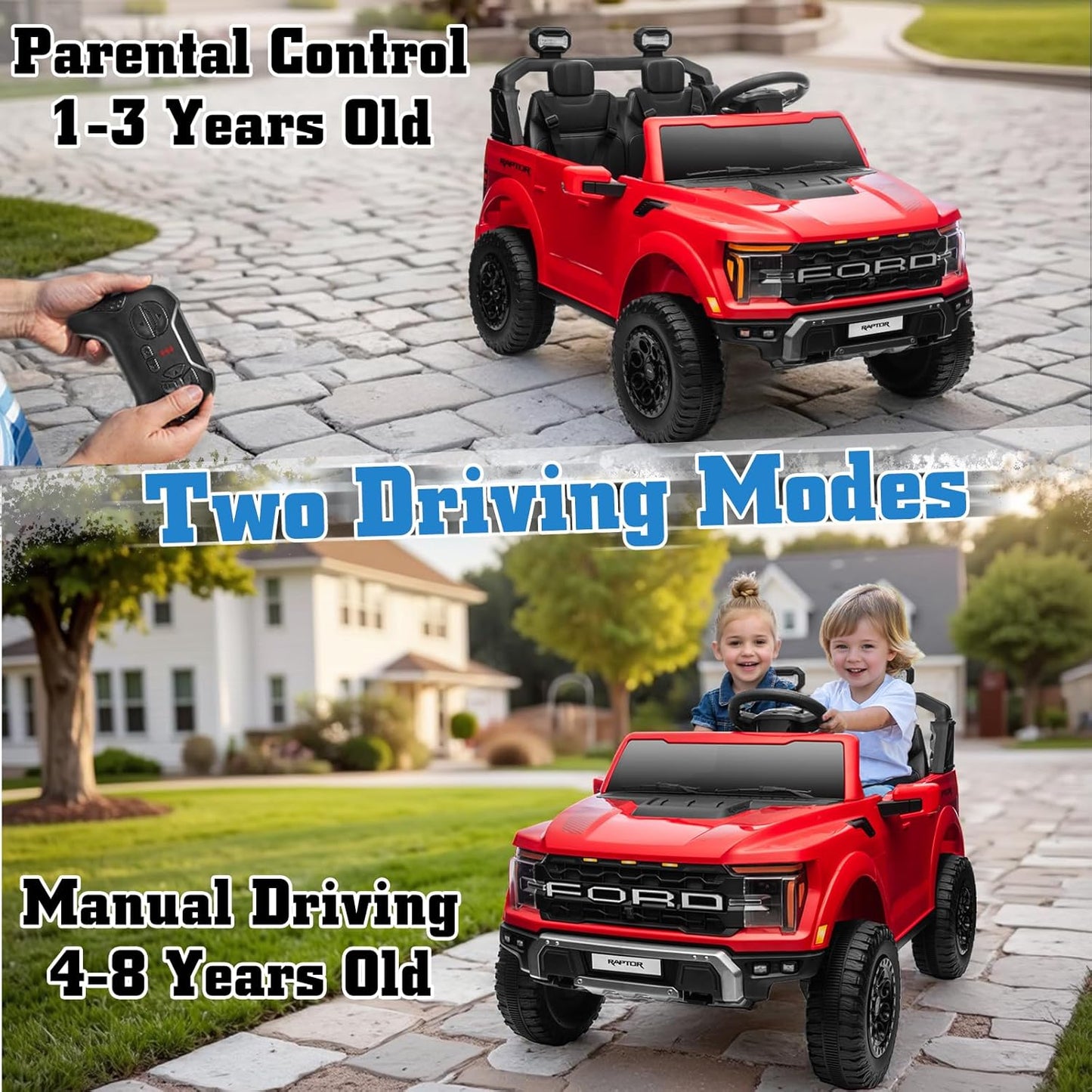 24V Ride on Car Licensed Ford F-150 Raptor, Kids Electric Car with Remote Control, LED Light/Music/MP3, Truck Bed Storage, 3-Point Seat Belt (24V, Red)