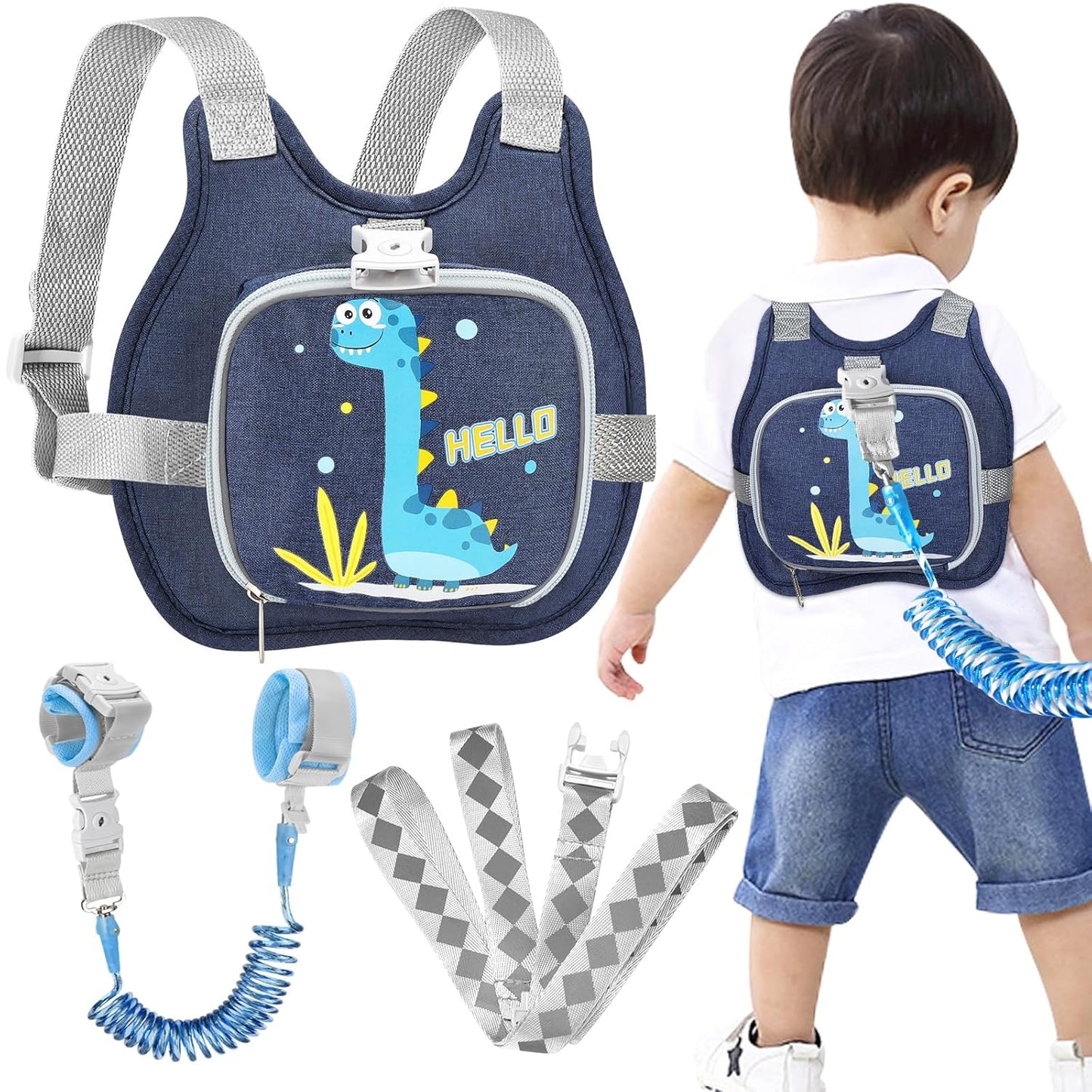Accmor Toddler Harness Leash+ Reflective Anti Lost Wrist Link, Cute Dinosaur Kids Harness with Leash, Collapsible Child Harness Baby Leash Walking Wristband Protector Belt for Boys Girls Outdoor