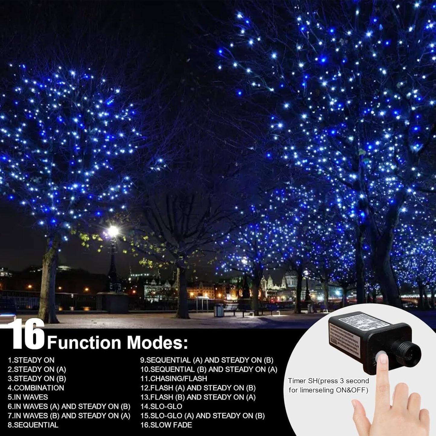 33ft Christmas Decorative Mini Lights, 100 LED Transparent Wire Fairy Starry String Lights Plug in, 16 Lighting Modes for Outdoor Xmas Tree Wedding Party Decoration (White+Blue)