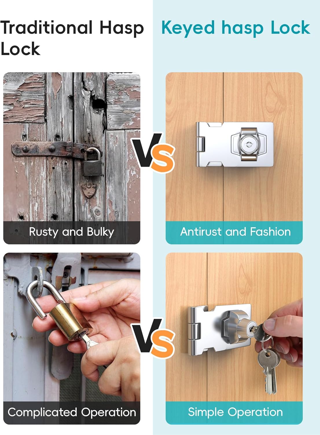 4 Inch Keyed Hasp Lock for Cabinets & Small Doors, Twist Knob Design, Heavy Duty Zinc Alloy with Chrome-Plated Iron, Includes Keys & Screws - Silver, 3 Pack