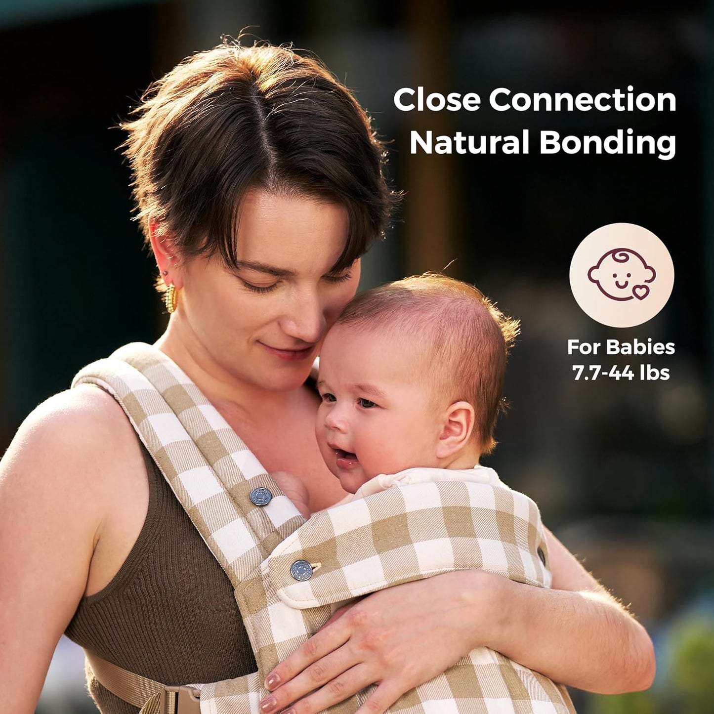 Momcozy Baby Carrier with Natural Cotton Linen, Built to Last, Ergonomic Design, Lightweight and Comfortable, Hands-Free for Moms&Dads, Brown Checkerboard