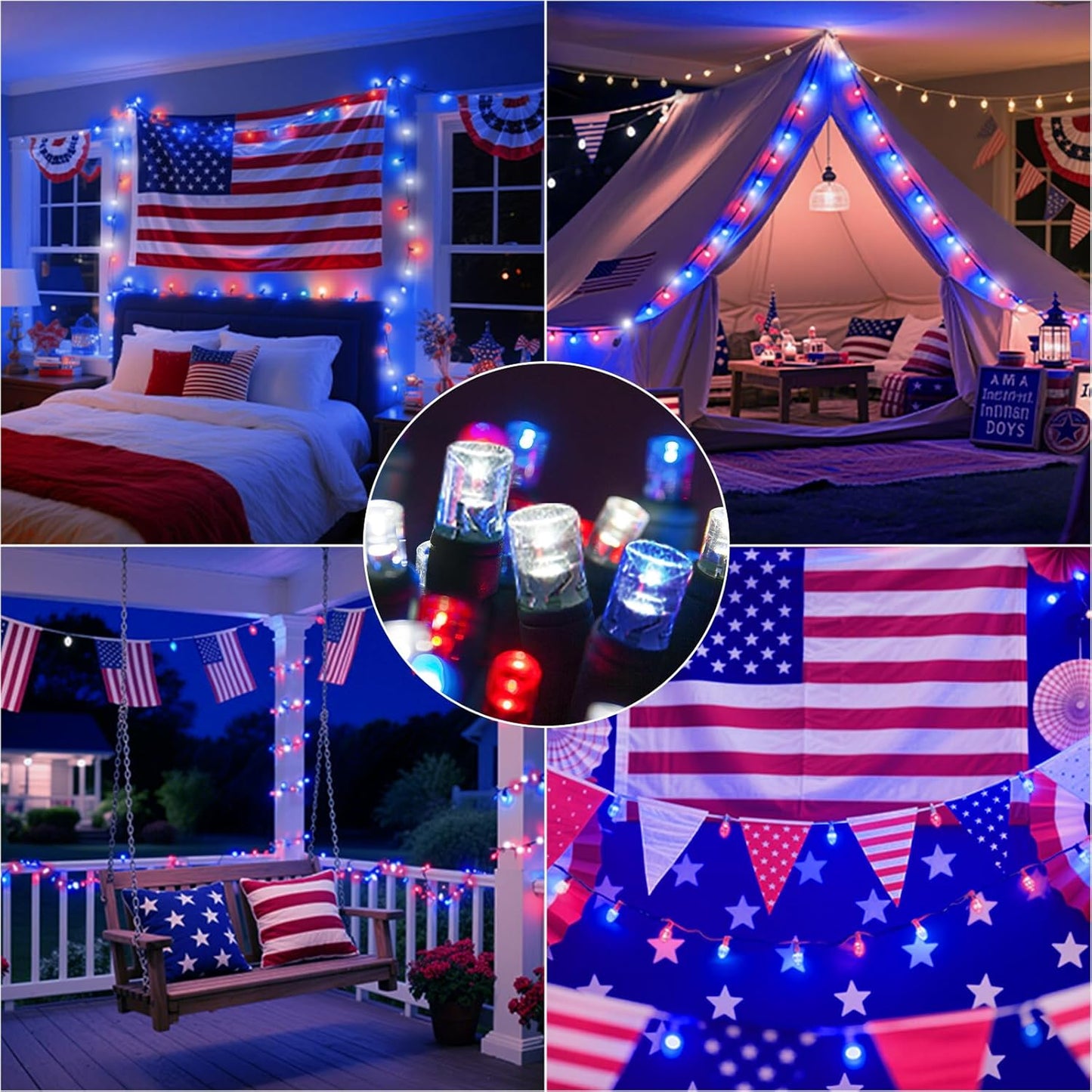 66ft Patriotic String Lights - Red White Blue Mini Lights, 200 LED Green Wire Fairy Starry String Lights Plug in, 11 Modes for Independence Day Celebration Party Memorial Day Decor