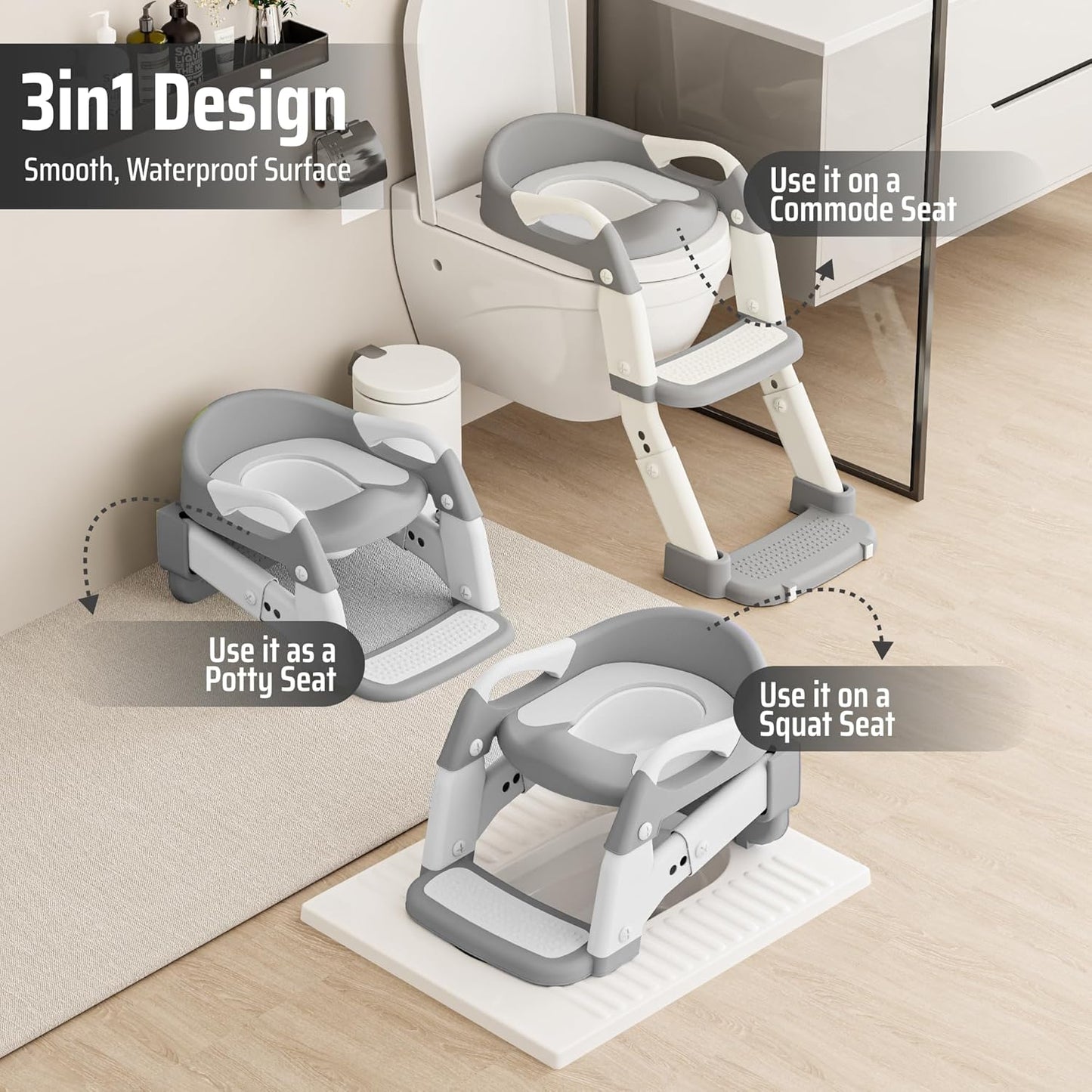 3-in-1 Toddler Potty Training Toilet Seat with Foldable Ladder – Adjustable Toddler Toilet Seat for Boys & Girls with Soft Cushion, Ergonomic Backrest, Non-Slip Pedal and Safety Grips (White & Gray)