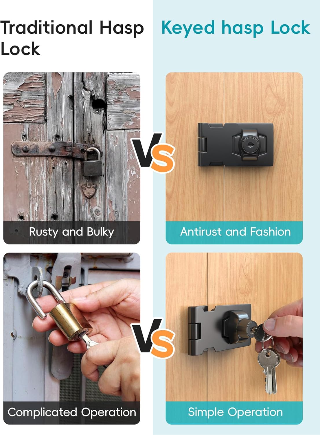 4 Inch Keyed Hasp Lock for Cabinets & Small Doors, Twist Knob Design, Heavy Duty Zinc Alloy with Chrome-Plated Iron, Includes Keys & Screws - Black, 2 Pack