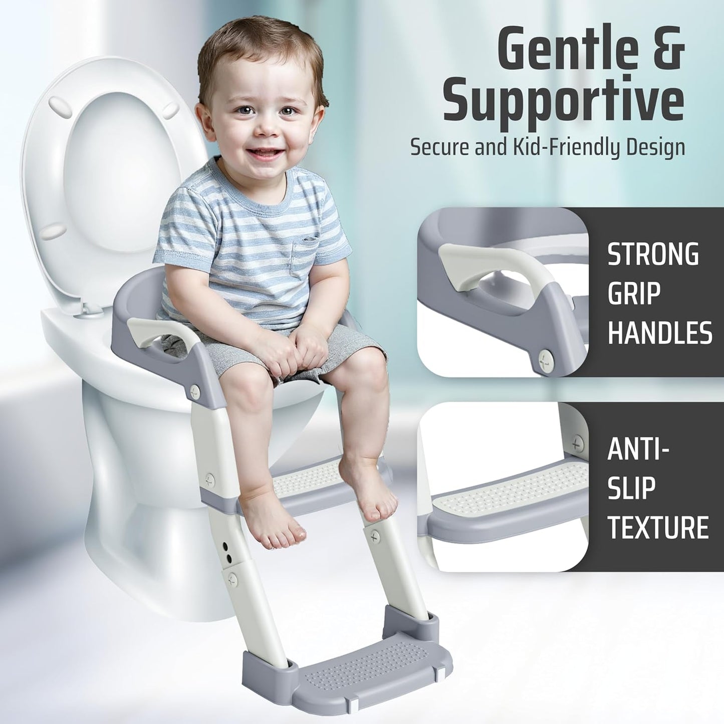 3-in-1 Toddler Potty Training Toilet Seat with Foldable Ladder – Adjustable Toddler Toilet Seat for Boys & Girls with Soft Cushion, Ergonomic Backrest, Non-Slip Pedal and Safety Grips (White & Gray)