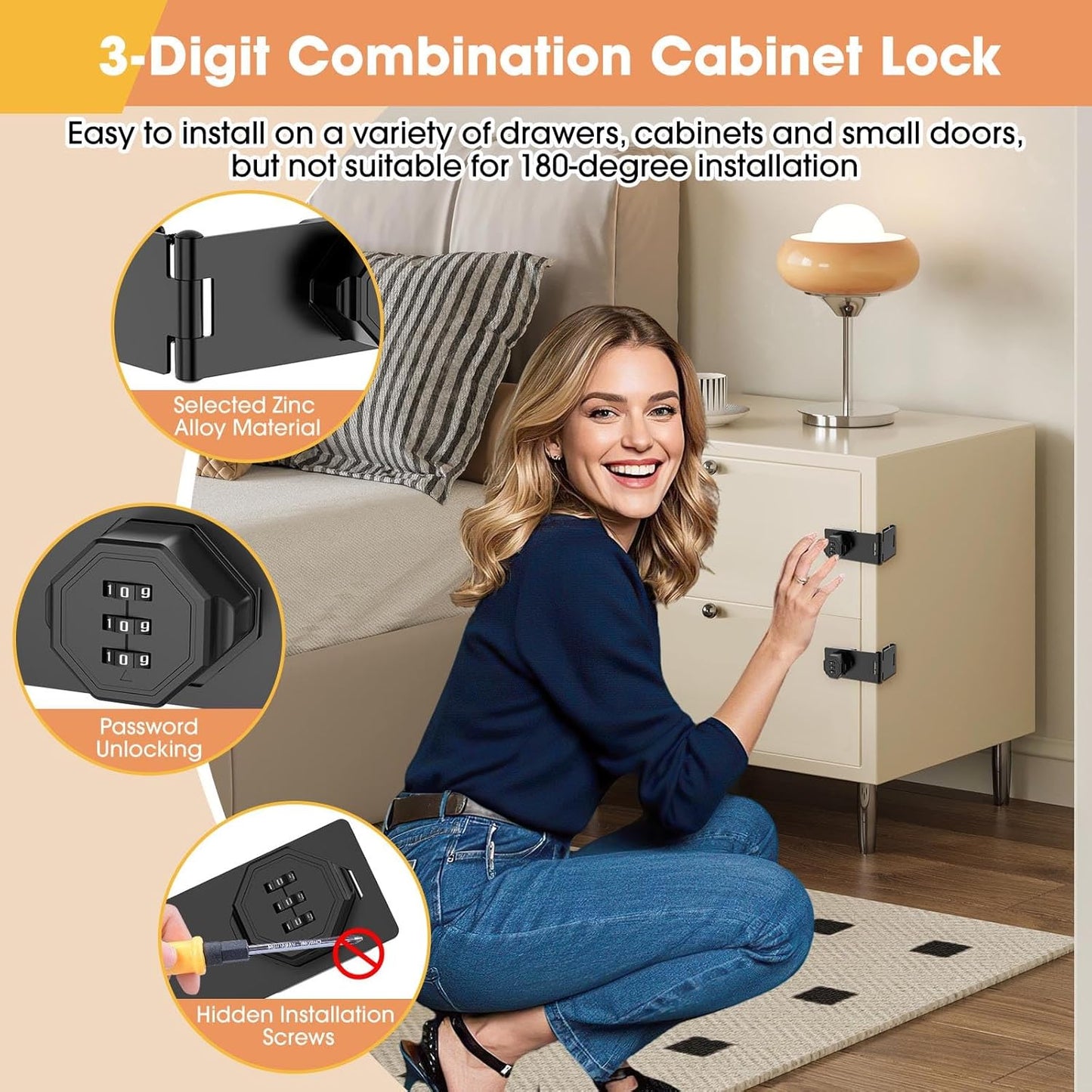 90 Degree Cabinet Locks with Combination, Mechanical Folding Door Latch, Keyless Password Rotary Hasp Latch Lock for Office File Cabinet, Drawers, Locker, Small Door, Cupboard (1, Black)