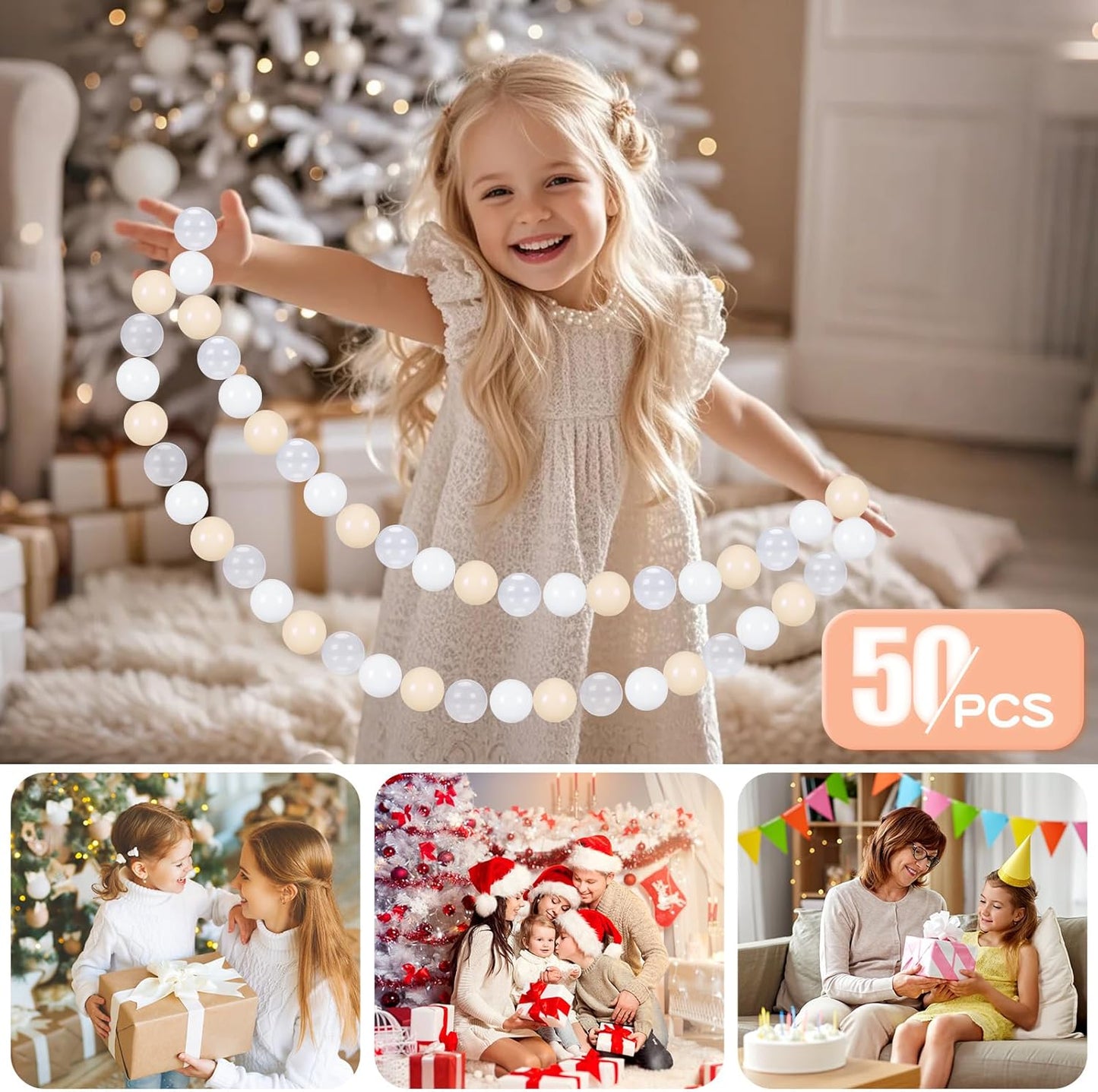 GOGOSO Balls for Ball Pit - Plastic Ball for Toddlers 1-3, Baby Kids Ball Pool Decoration 50 100 200 300 500 1000 (A White+Beige+Clear, 50 Balls)