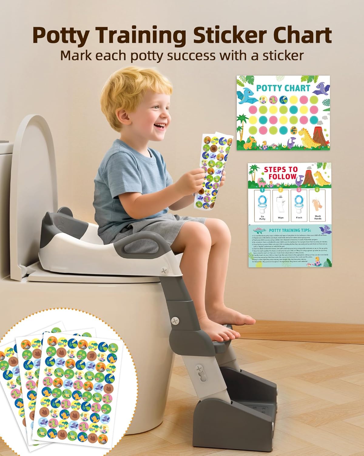3-in-1 Potty Training Toilet, Toddler Toilet Seat with Step Stool, Foldable Potty Ladder with Potty Chart, PU Cushion, Splash Guard, Anti-Slip Steps & Urinal for Boys & Girls, Grey