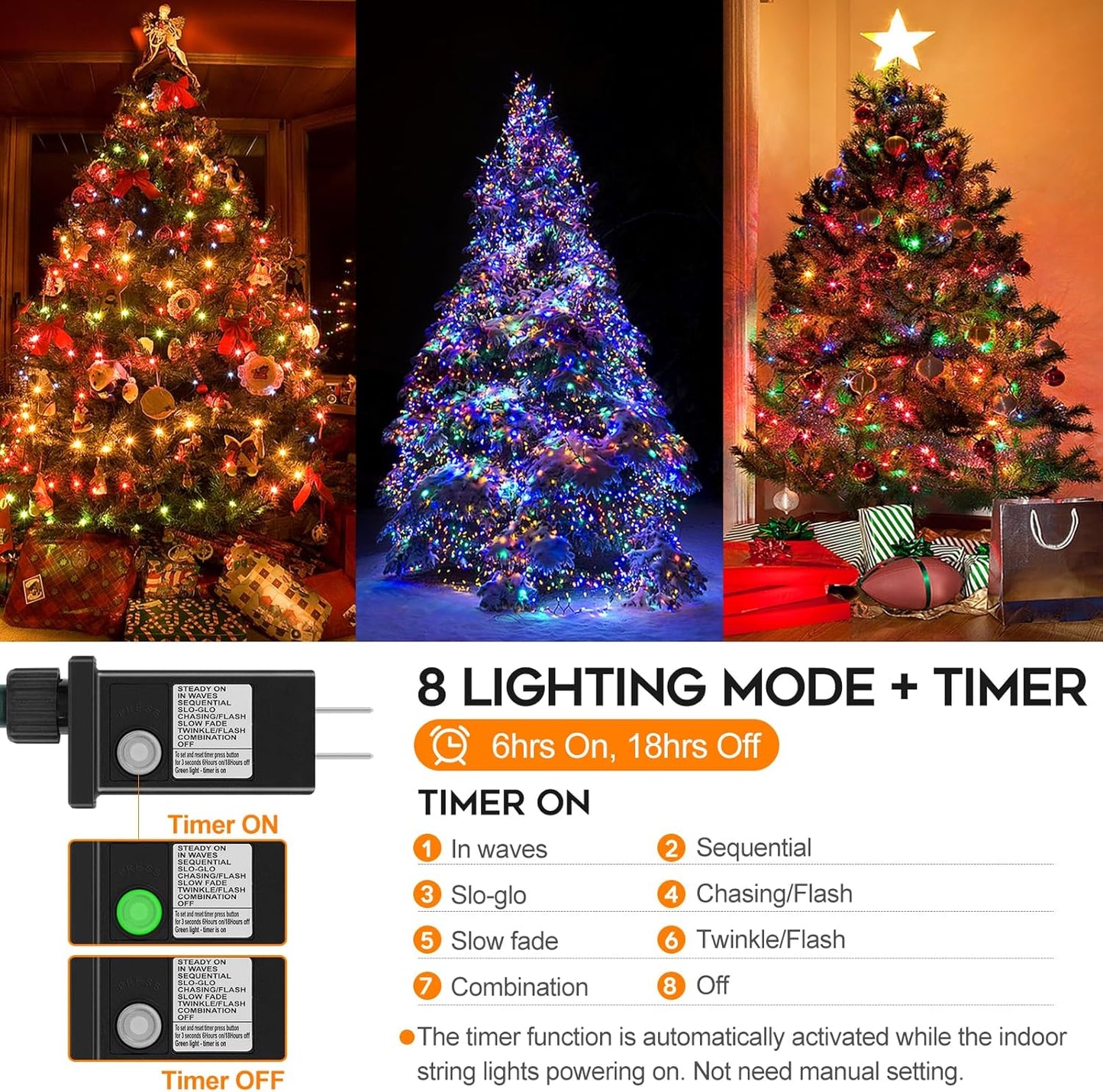 66ft 200 LED Christmas Tree String Lights Outdoor Fairy Lights Plug in, Expandable Green Wire Clear Bulbs Mini Lights 8 Modes, Xmas Wedding Party Decoration (Multicolor)