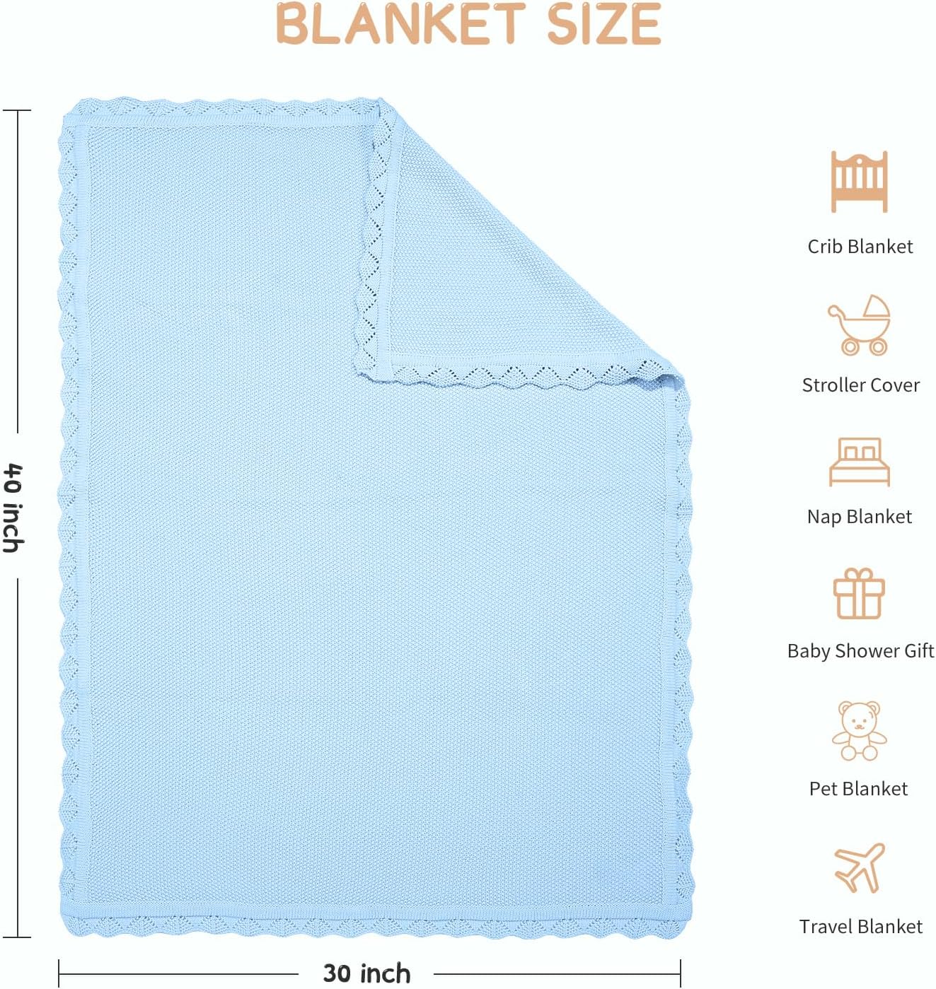 100% Cotton Baby Blanket Knit Lace Soft Warm Toddler Blanket,30 x 40 Inches，Sky Blue