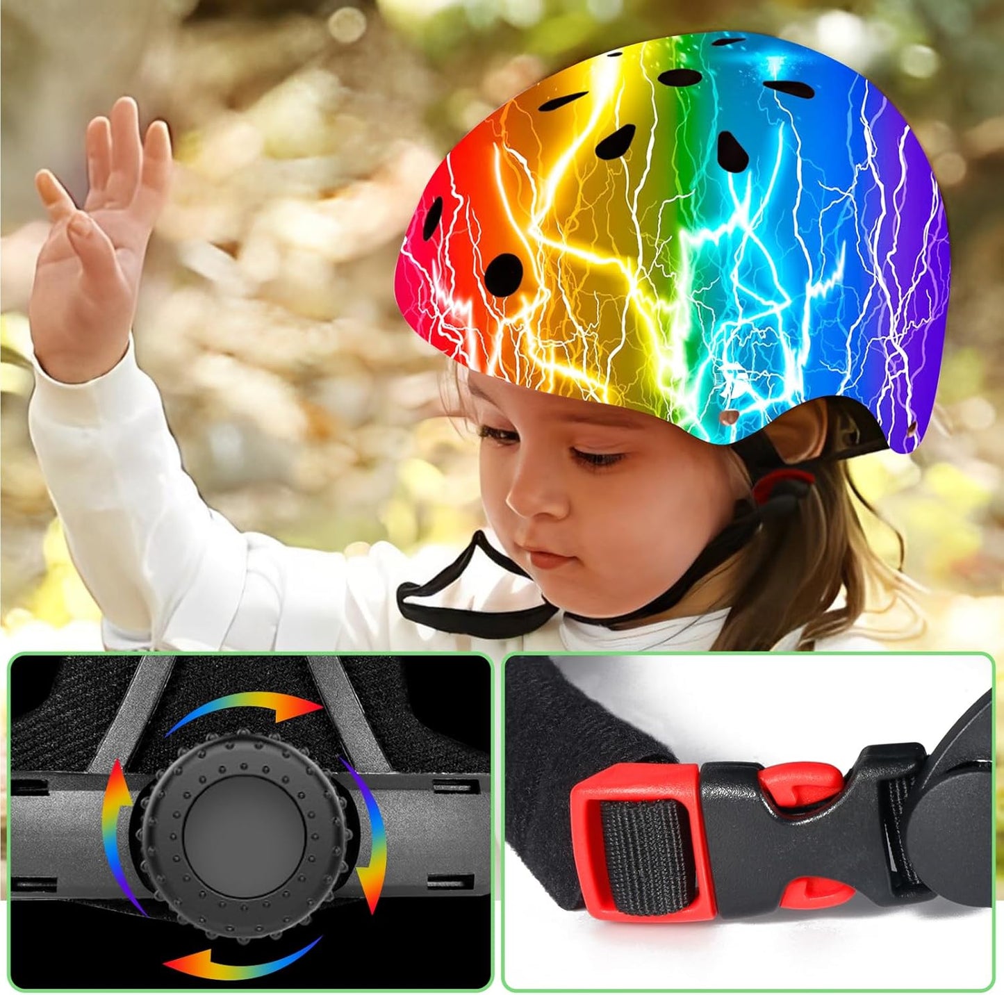 Adjustable Kids Bike Helmet with Knee & Elbow Pads Set, Color Gradient Design for Boys and Girls Aged 3-14+, for Skateboarding, Scooter, Roller & Inline Skating, Longboard