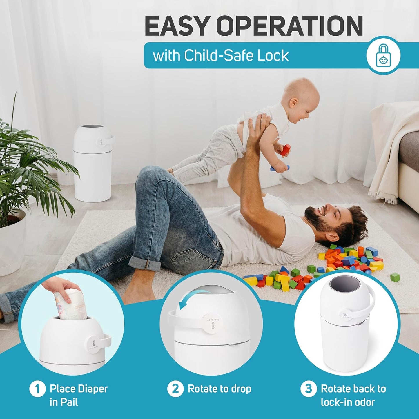 L.A. Baby Magic Diaper Pail - Patented 100% Odor-Free System with Child-Safe Lock - Award-Winning Design - No Refills Required - Works with Regular Trash Bags - White