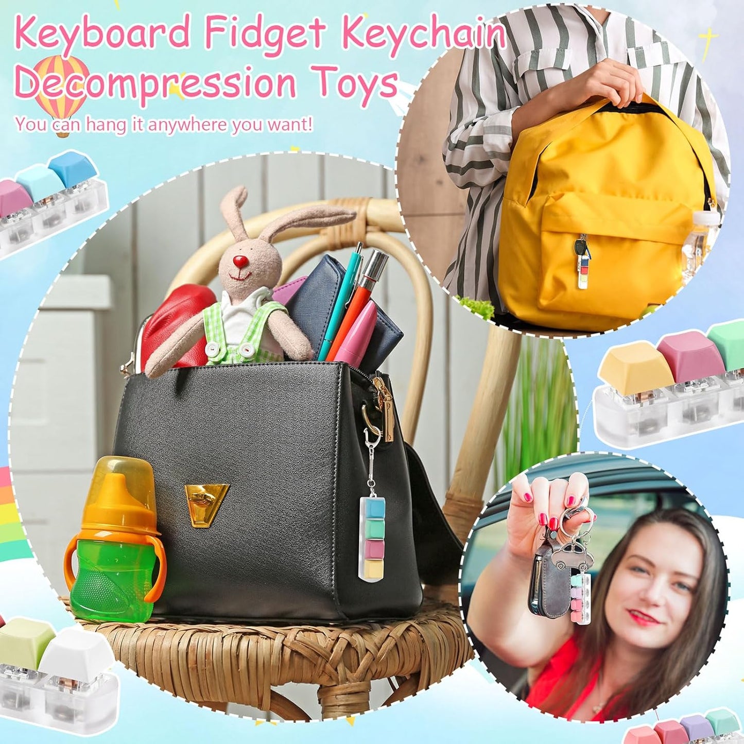 4 Pack Keyboard Fidget Toys Keyboard Clicker Keychain with LED Light 4 in 1 Fidget Button Stress Relief Toys for Adult