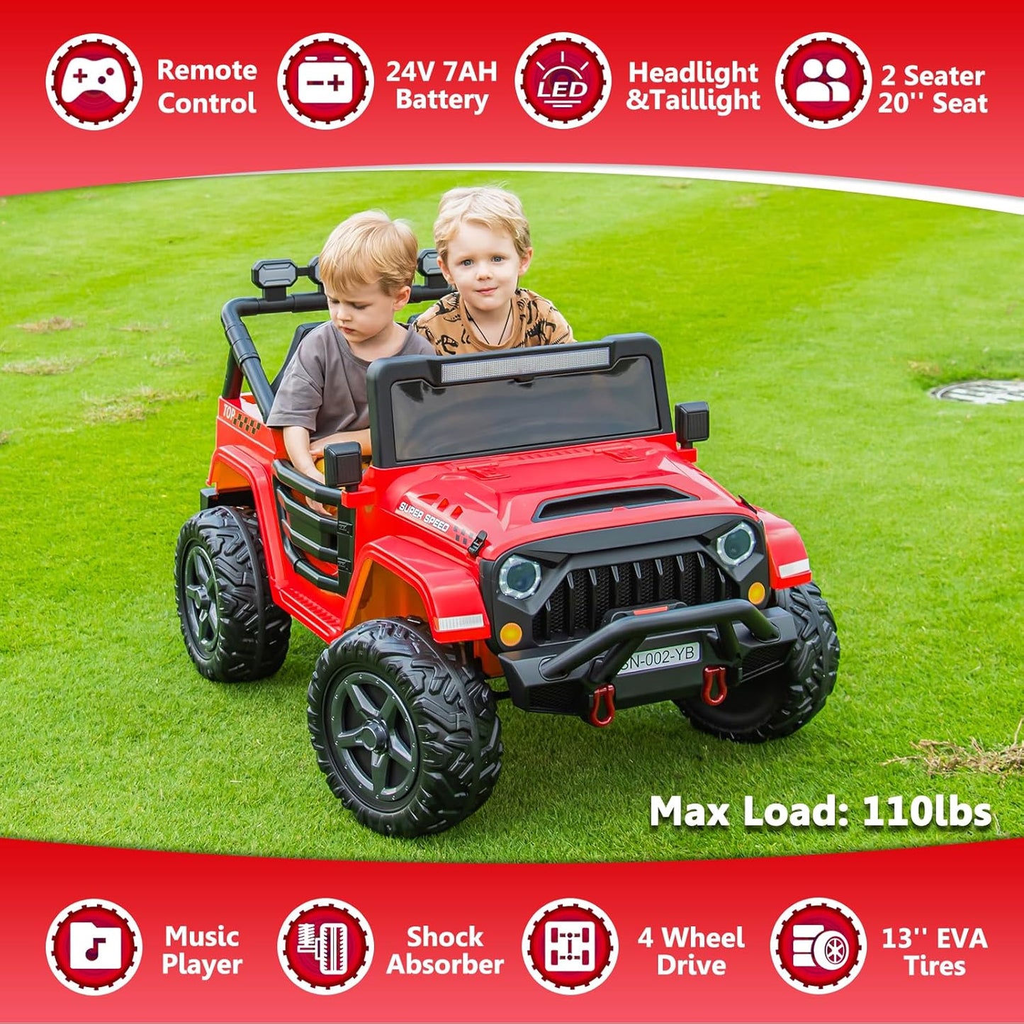24V 2 Seater Ride On Truck with Remote Control 4WD Electric Car for Kids Ride On Car Battery Powered Ride On Toy Car with Music Player, LED Lights, Bluetooth, Rear Shock Absorber, Red
