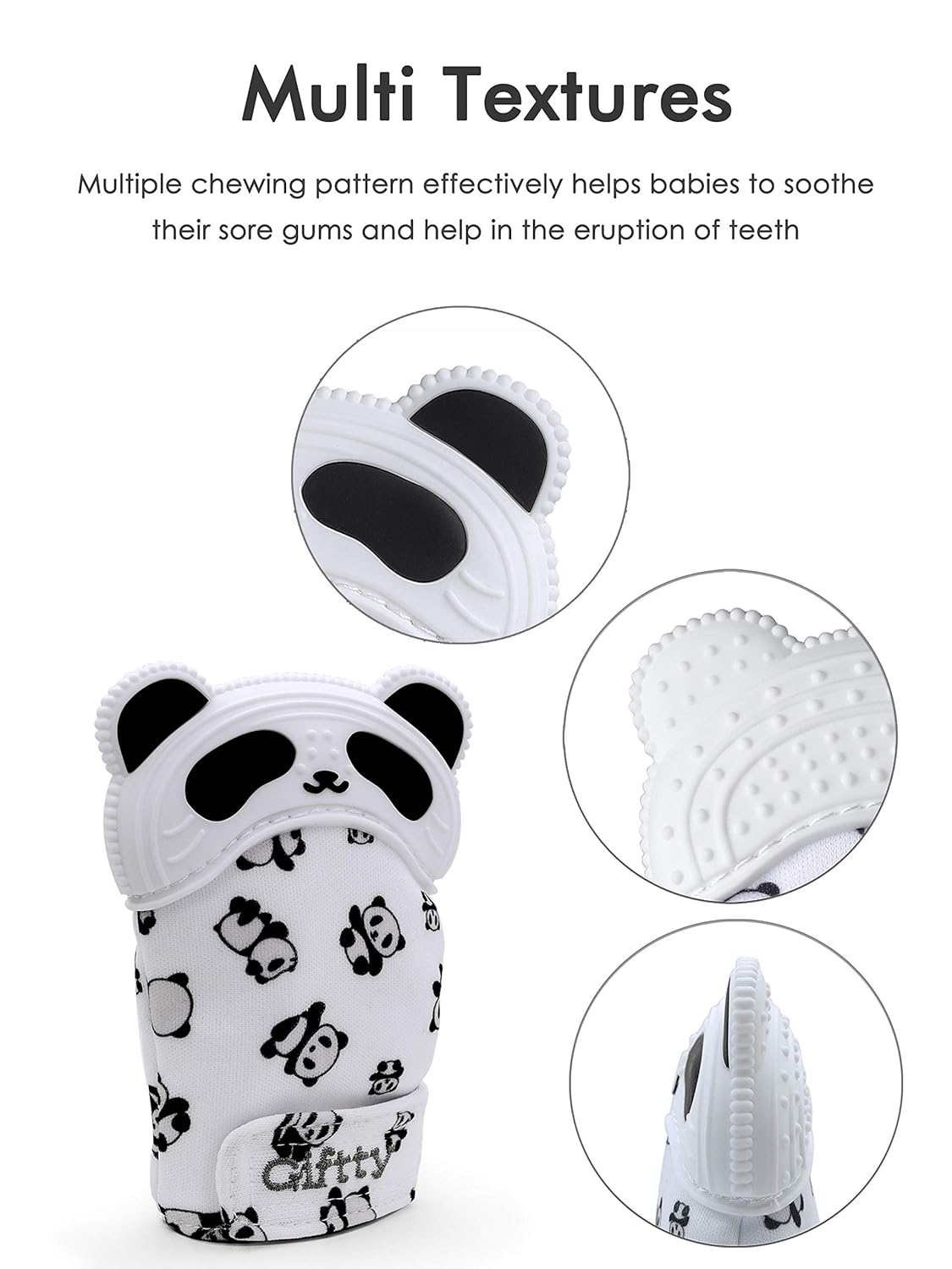 Giftty Baby Teething Mitten Panda Hand Teether Soothing Glove Wearable Teething Toy with Crinkle Sound, Multi Textured for Infants 3-12M (1 Pair)