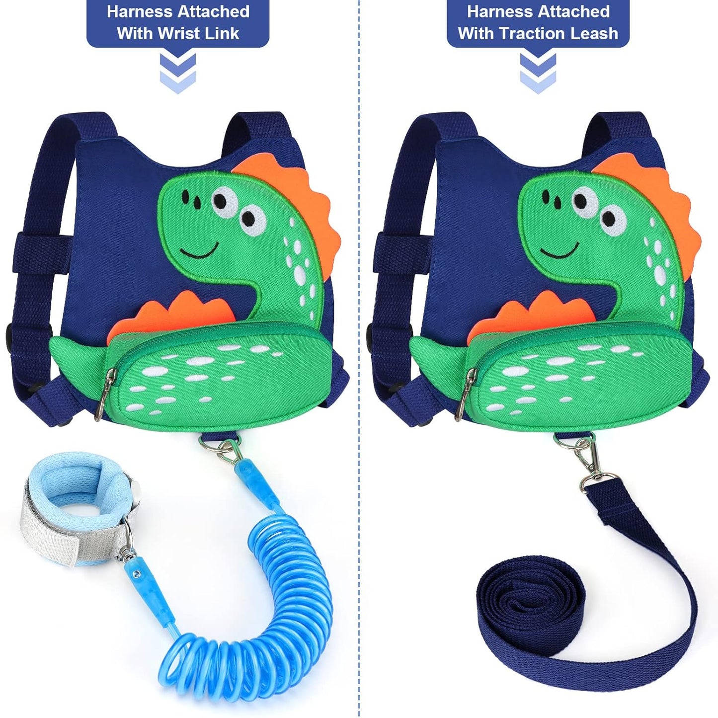 Accmor Toddler Leash Harness, 2 Pack Cute Dinosaur Kids Leash Harness Wrist Leashes + Anti Lost Wrist Link, Child Walking Harness Wristband Assistant Strap Belt for Baby Boys Girls to Outdoor Travel