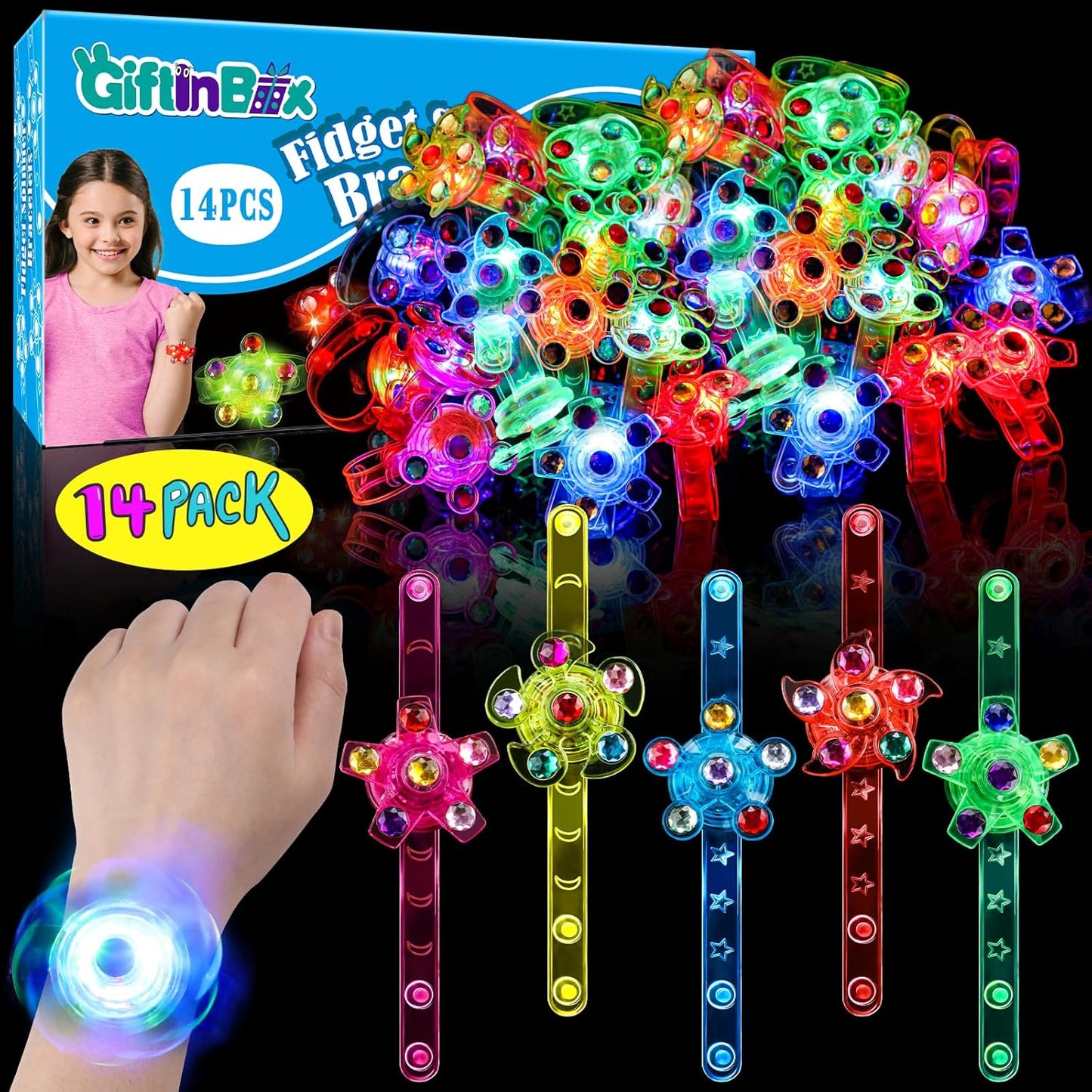 14 Pack LED Light Up Fidget Spinner Bracelets Party Favors for Kids 4-8 8-12, Glow in The Dark Party Supplies, Back to School Gift for Students, Return Gifts for Kids Birthday Halloween Classroom