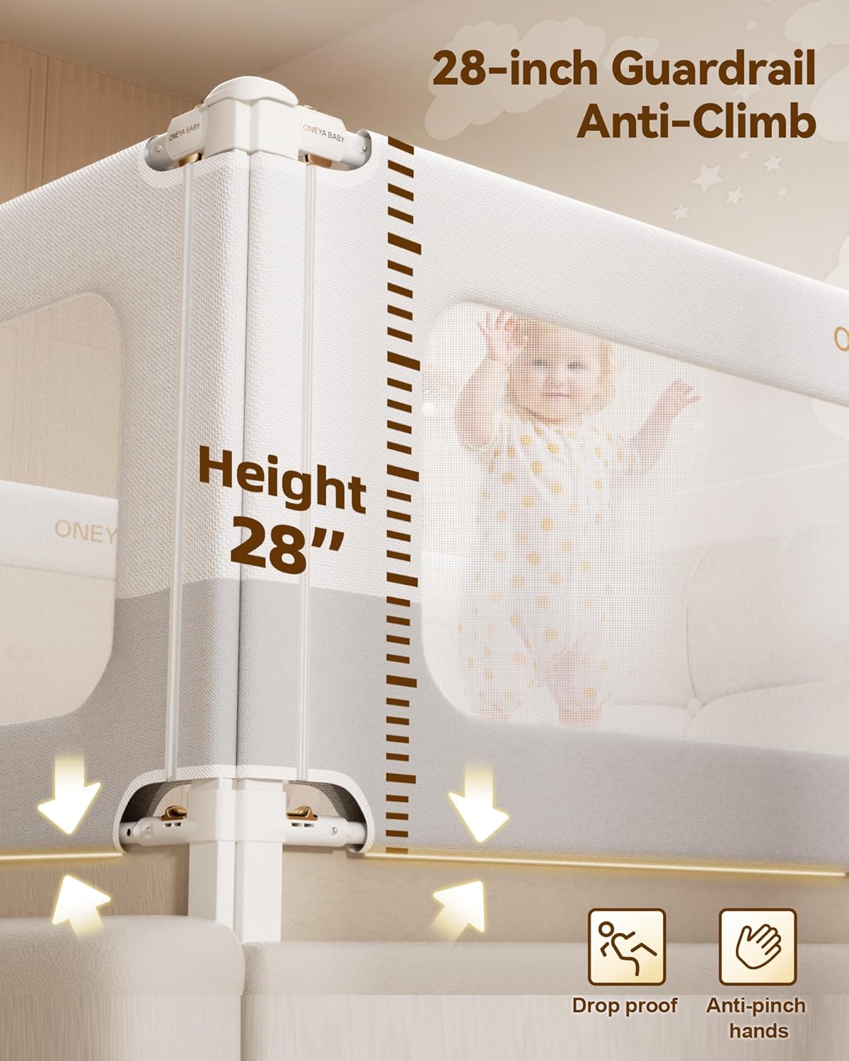 3 Piece Bed Rails for Queen Bed, No-Drill Needed Baby Bed Rail Guard for Toddlers with Height Adjustable, Thickened Child Safety Side Railing Guards/Bedrail for Kids, White/Grey, 60x78.7x78.7in