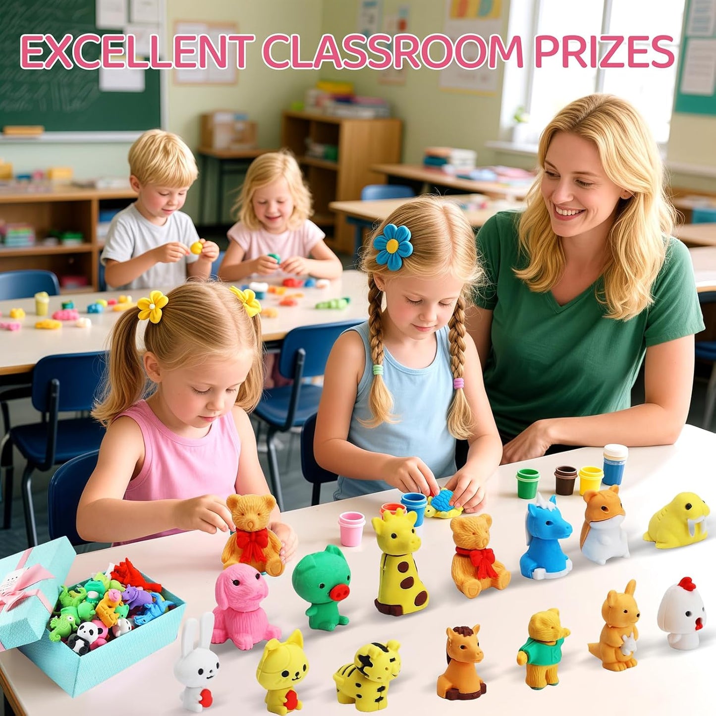 91Pcs Animal Erasers Desk Pets for Kids Animal Pencil Erasers Bulk Puzzle Eraser Toys Gifts for Classroom Prizes,Game Reward,Treasure Box,Easter Egg Fillers,Goodie Bag Stuffers,Party Favors