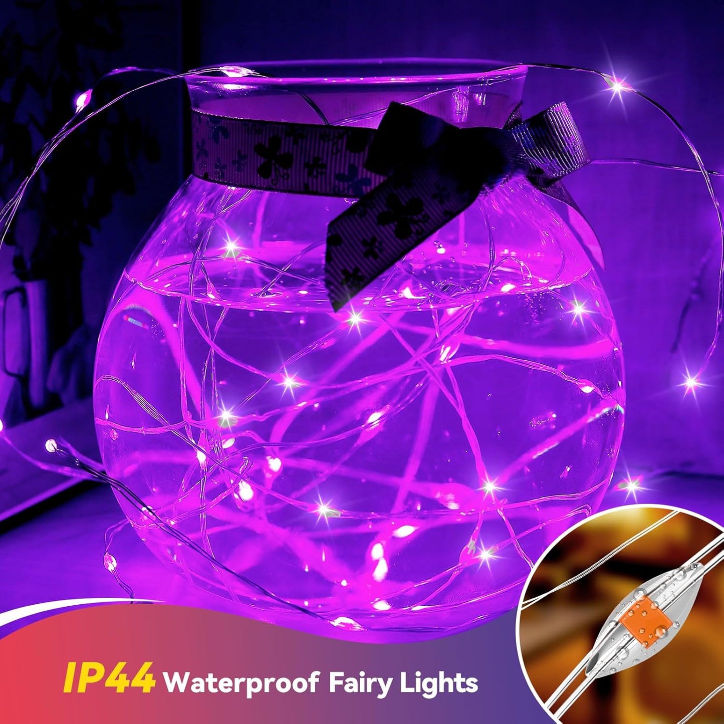 4 Pack 60LED Halloween Fairy Lights Battery Operated - 20FT Twinkle Lights with 2 Lighting Modes Indoor Outdoor, Waterproof Led Fairy String Lights for Christmas, Bedroom, Dorm, DIY Decor, Purple