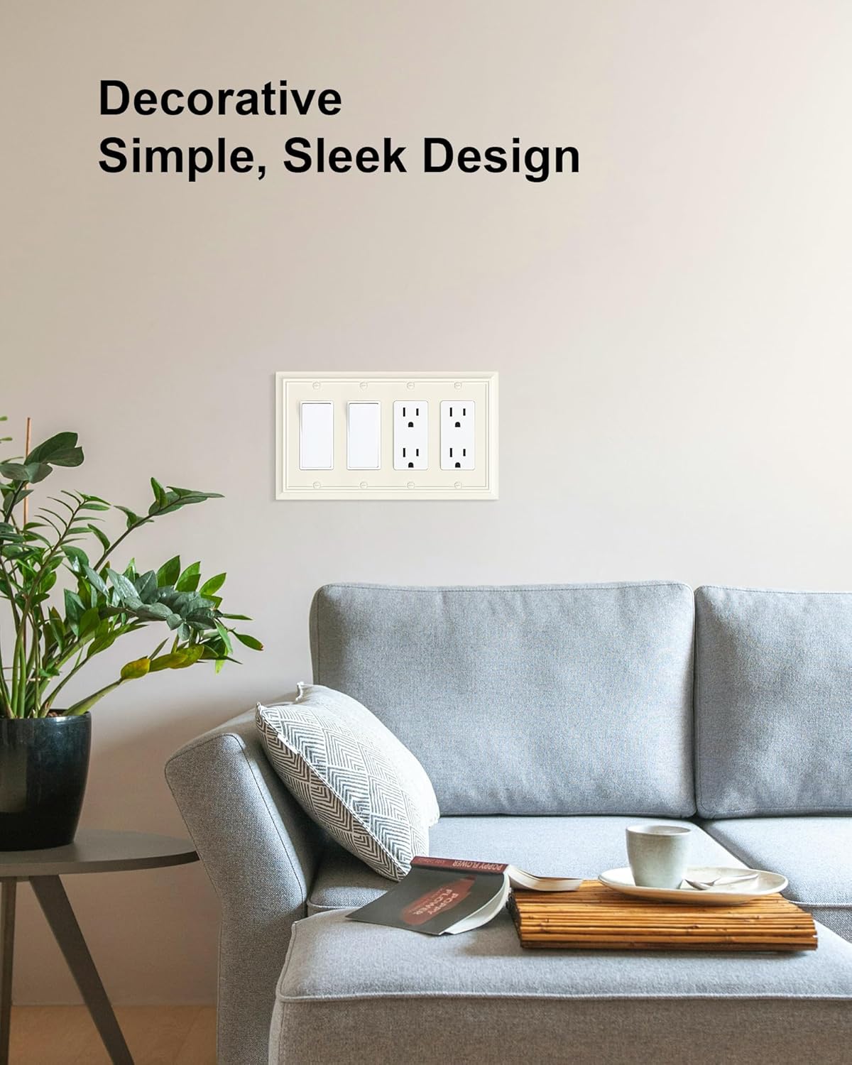 2-Pack Quad Decorator Wall Plate, Light Almond Decorative Switch Plates and Outlet Covers, Natural Bamboo Fiber 4 Gang Wall Plate for Electrical Outlets, Receptacle, GFCI Outlet, Dimmer Switch