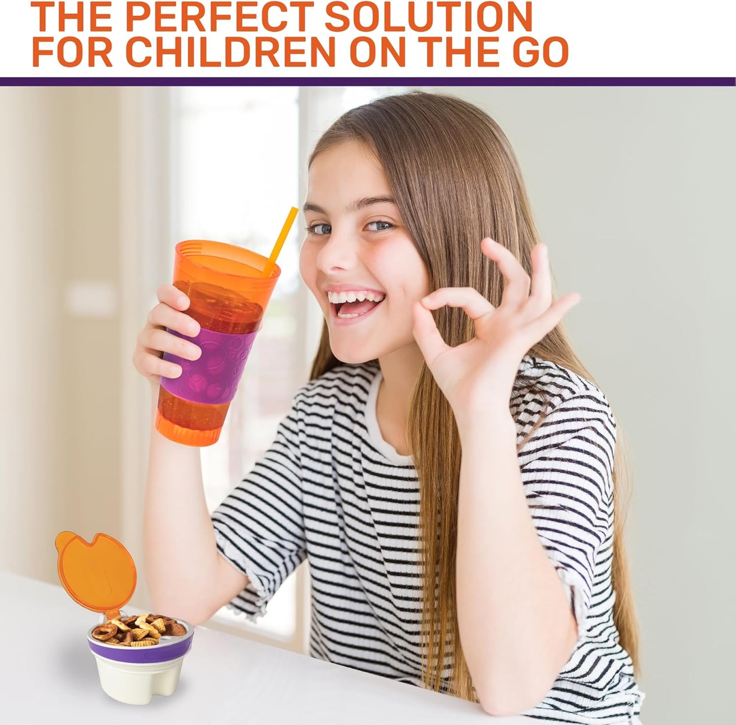 2 in 1 Snack Drink Cup Kids Spill Proof Tumbler Plastic Straw Lid Locks 16 Oz