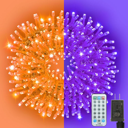 33ft Halloween Decorative Mini Lights, 100 LED Transparent Wire Fairy Starry String Lights Plug in, 12 Lighting Modes, for Halloween Decoration Outdoor Party Decoration (Orange and Purple)