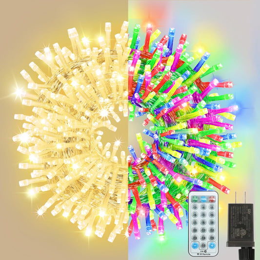 66ft Christmas Decorative Mini Lights, 200 LED Transparent Wire Fairy Starry String Lights Plug in, 12 Lighting Modes for Outdoor Xmas Tree Wedding Party Decoration (Warm and Multicolor)