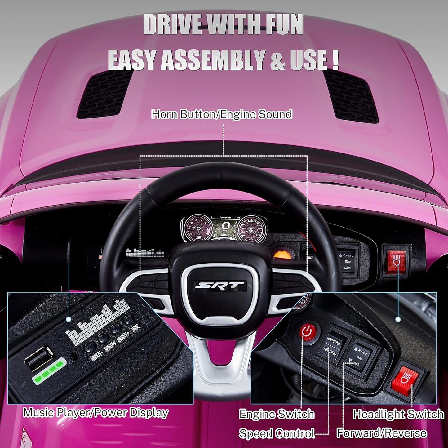 12V 7Ah Kids Electric Ride on Car, Licensed Dodge Charger SRT Hellcat, Battery Powered 4-Wheels Toy Car Electric Vehicle for Kids with Remote Control, 3 Speeds, LED Lights, Music (Pink)