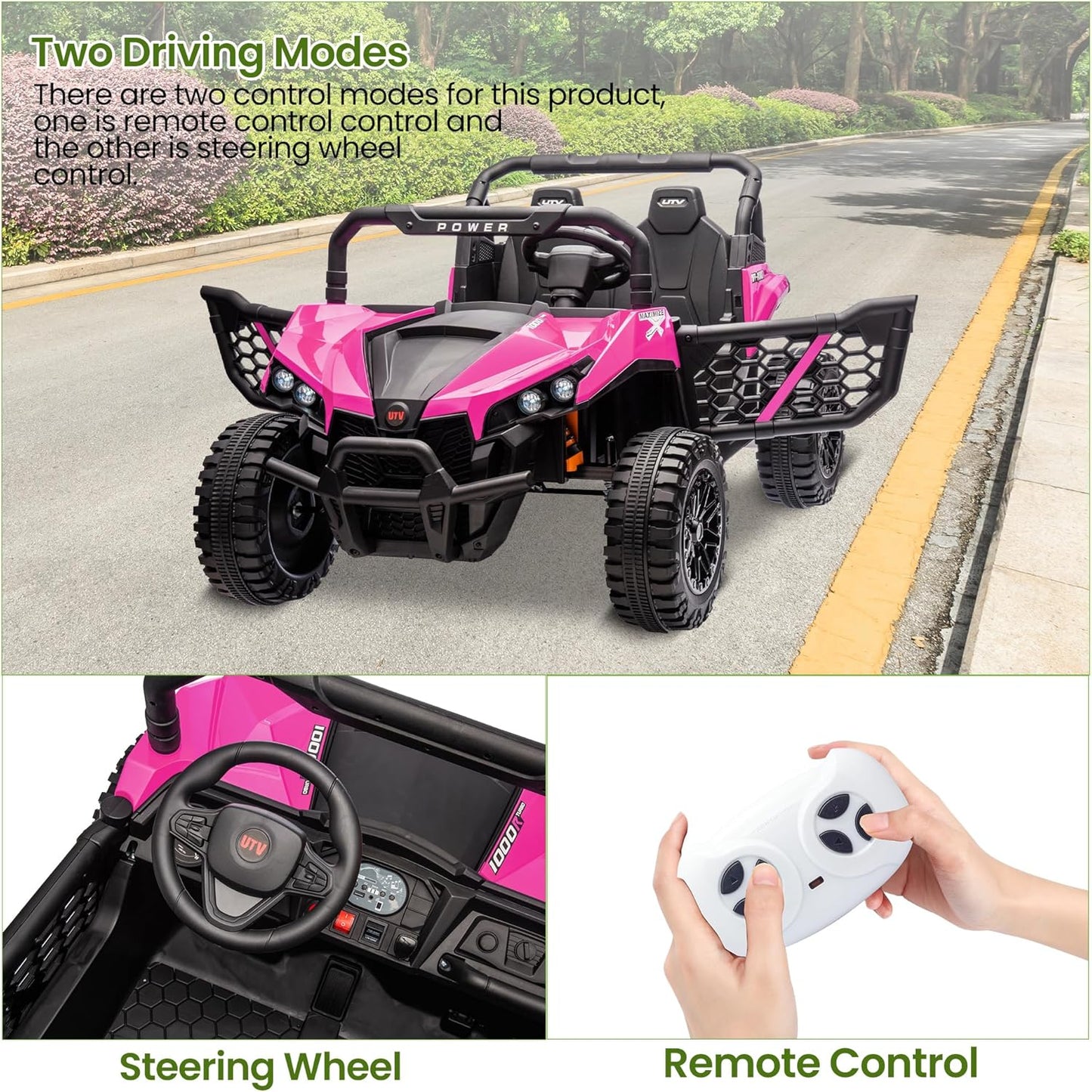 24V 2 Seater Ride On Car Truck, Power Wheels Kids UTV w/Parent Remote Control, 3.1 MPH Max Speed, Music Player, LED Lights & Storage, Electric Vehicle Ride On Toy for Kids Toddler Ages 3-8, Pink