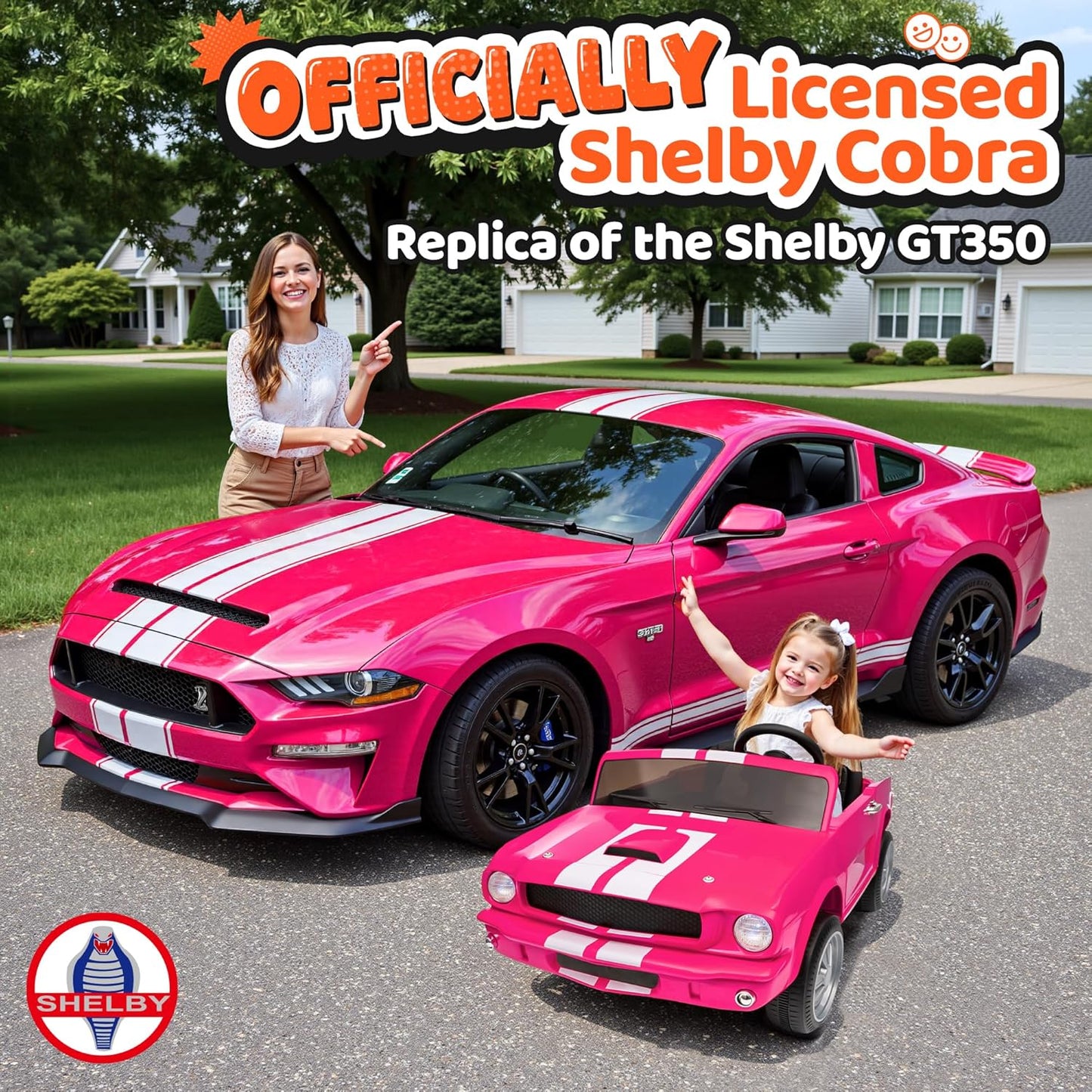 24V 2 Seater Ride on Toys, Licensed Shelby Cobra Kids Power Car Wheeler Ride On Toy w/ 2WD/4WD Switchable, Remote Control, 19" Spacious Seat, 4 Spring Suspension, Music, Bluetooth