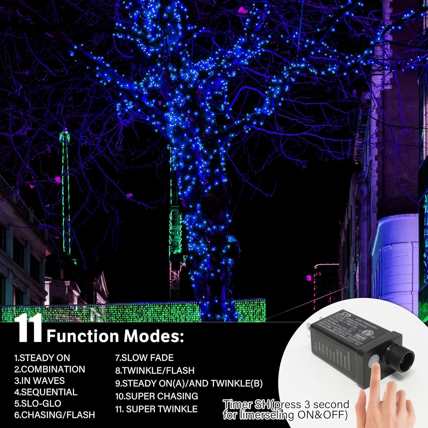 33ft Christmas Decorative Mini Lights, 100 LED Green Wire Fairy Starry String Lights Plug in, 11 Lighting Modes, for Indoor Outdoor Xmas Tree Wedding Party Decoration (Blue)